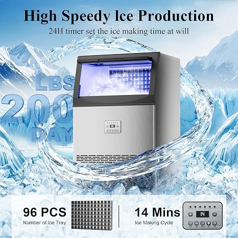 Commercial Ice Maker,200lbs/24H,96 Cubes in 14 Mins,Stainless Steel Ice Machine with 33lbs Storage Capacity,Water Filter,Self-Cleaning,Under Counter/Freestanding Ice Maker for Restaurant,Cafe,Home