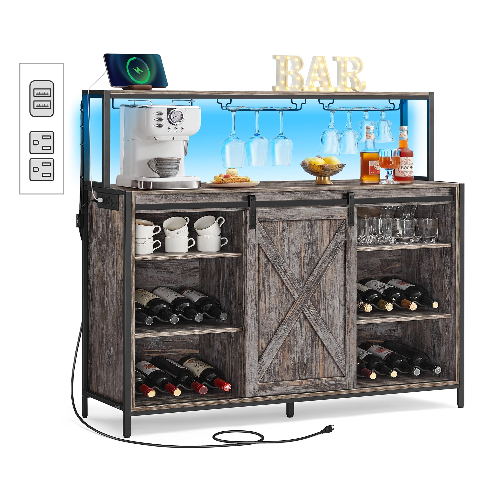 VASAGLE Coffee Bar Cabinet with Power Outlet and Voice Control LED Light, Buffet Cabinet with Sliding Barn Doors, S Hooks, Wine Glass Racks, Bottle Holders, Maple Gray ULSC201G01