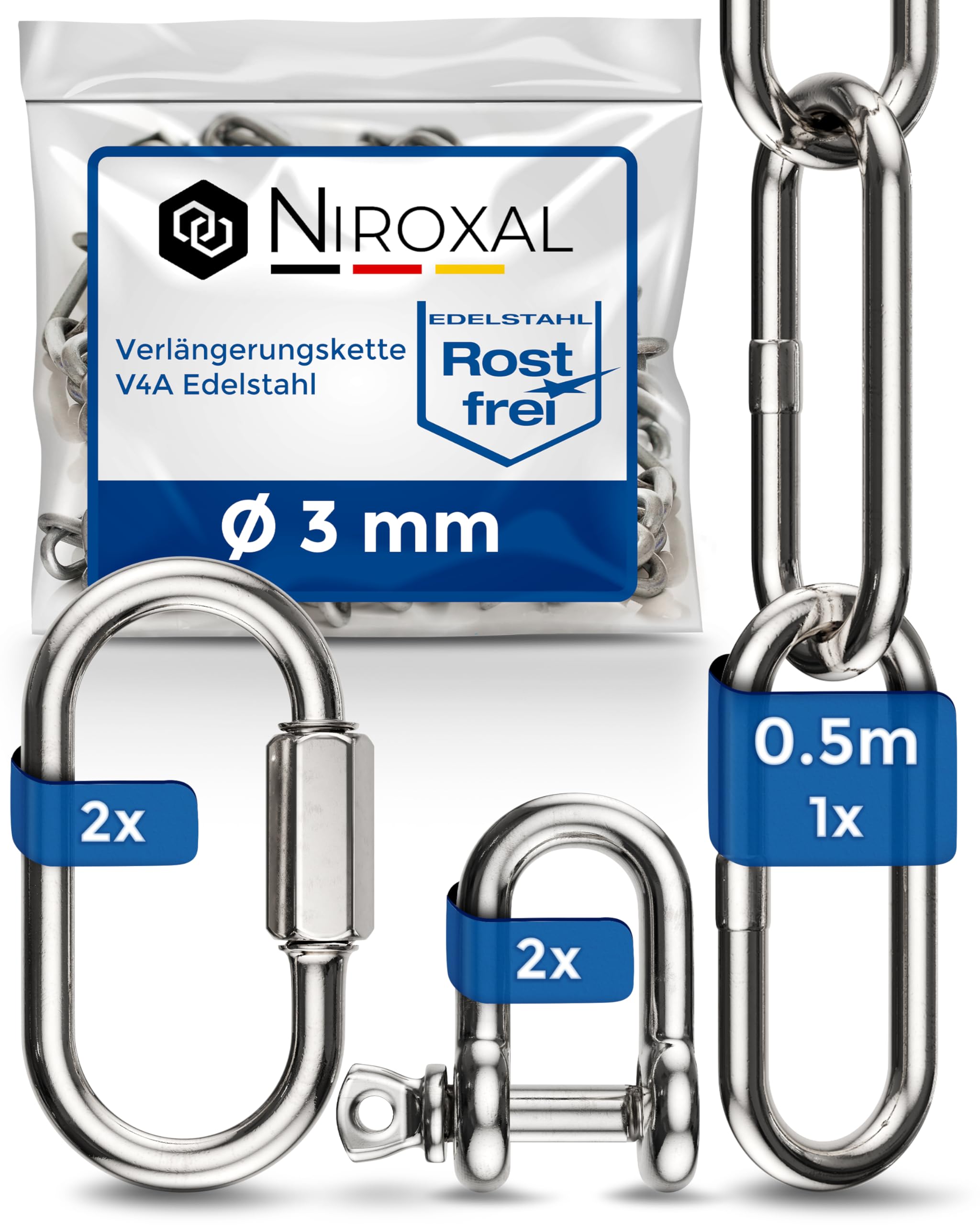 Edelstahl V4A (A4) Ketten Verlängerung 3 mm – 50 cm – 1 Ketten – inkl. 2 Schraubverbinder & 2 Schäkel – bis 350 kg