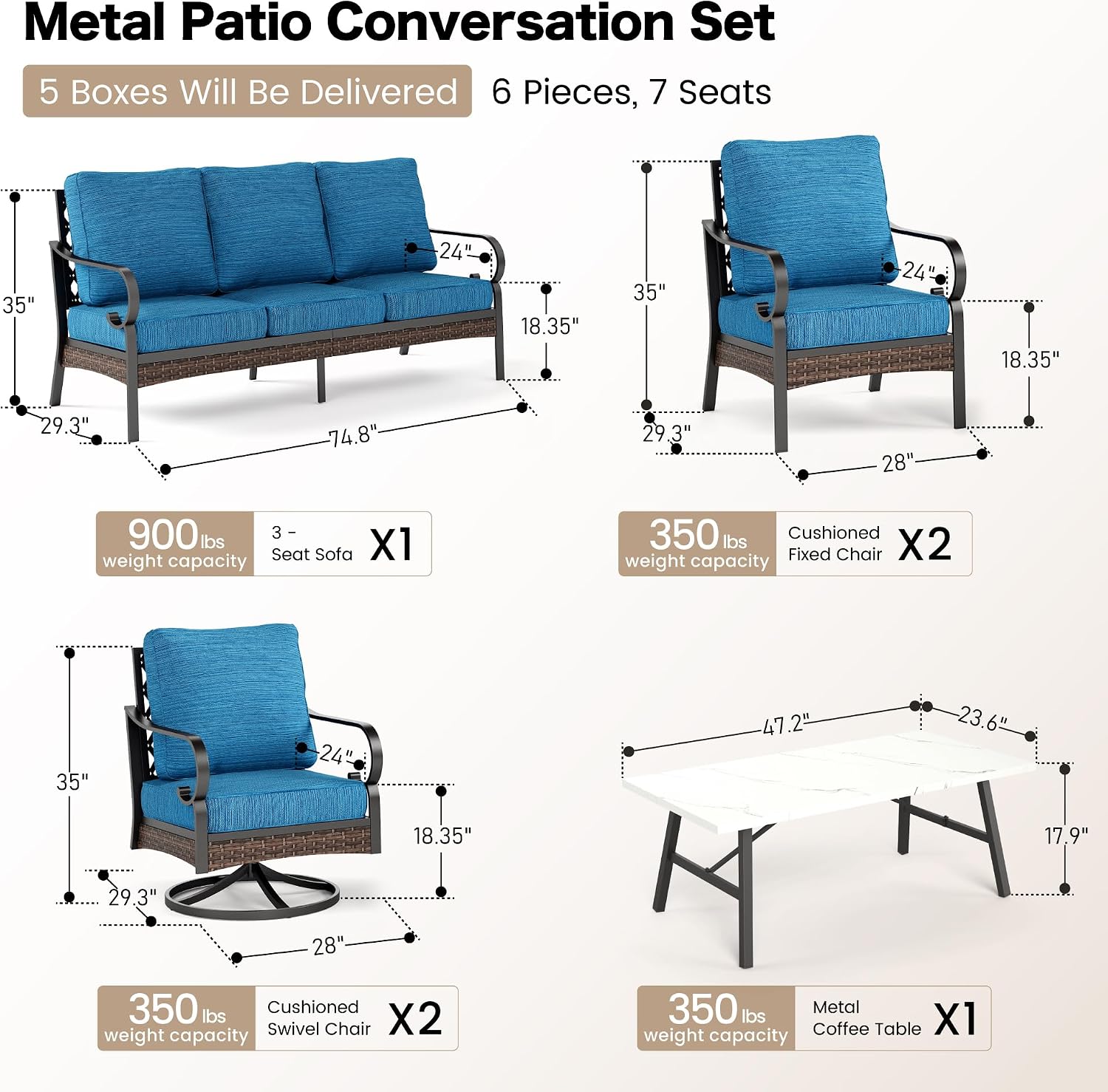SUNSHINE VALLEY 6 Piece Metal Outdoor Patio Furniture Set - 1 3-Seater Sofa, 2 Fixed & 2 Swivel Sofas with 5.75" Thick Cushion & Coffee Table - Black & Blue