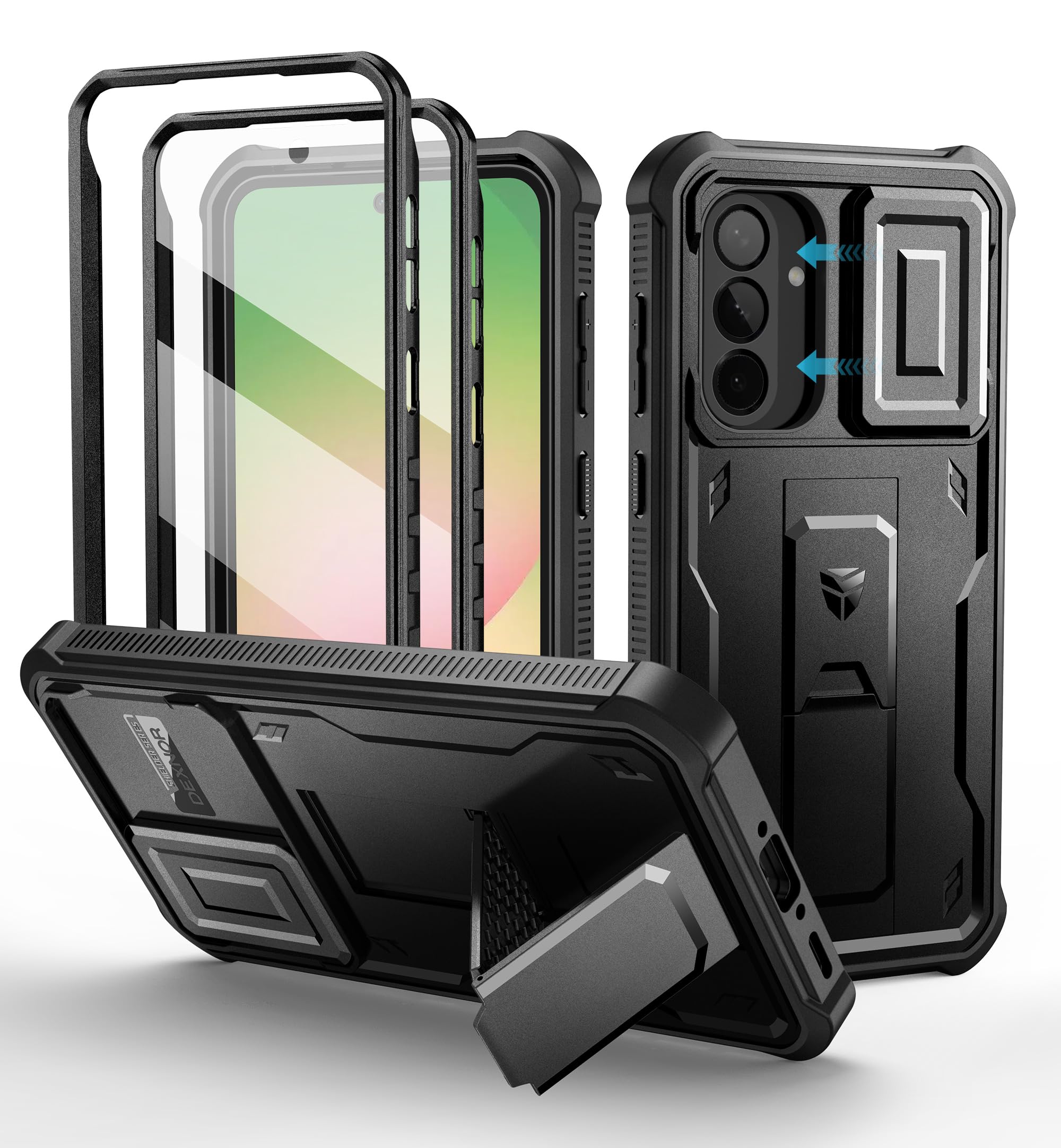 Dexnorfor Samsung Galaxy A56 5g Case with Upgraded Slide Camera Cover & Built-in Screen Protector & Kickstand, Heavy-Duty Shockproof Rugged Case Full-Body Bumper Protective Cover - Black