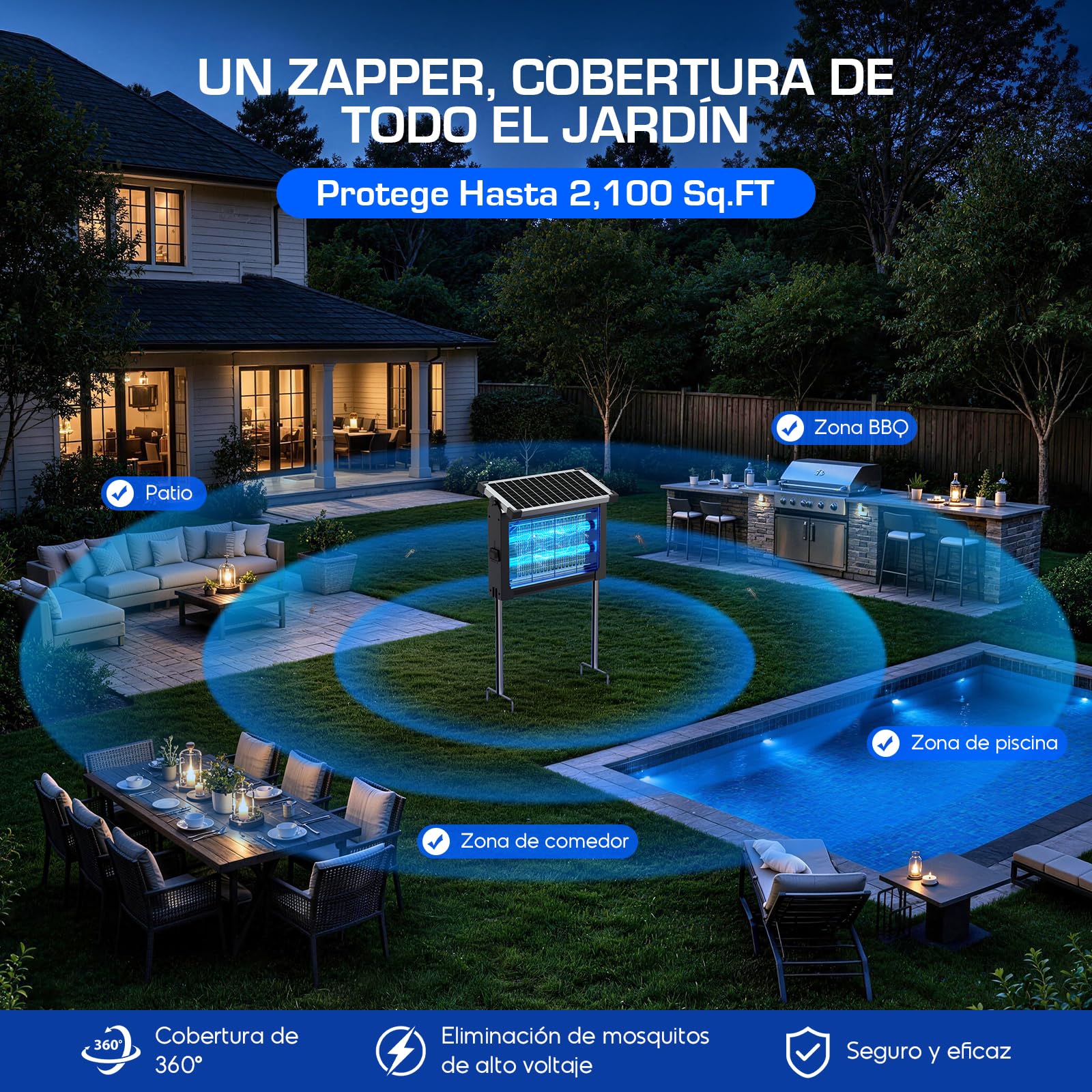 Lámpara Antimosquitos Solar 4500V, Mata Moscas Eléctrico Exterior con Sensor en el Panel, Anti Mosquitos Impermeable, Ideal para Patio, Jardín y Camping (Negro)