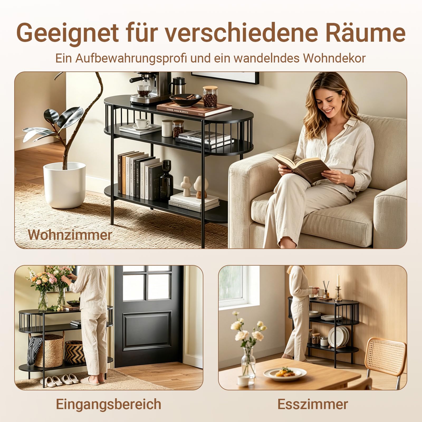 SoBuy Konsolentisch Metall mit 3 Ablagen, Konsole Holz im Modernen Schwarz für Flur, Wohnzimmer oder Esszimmer, Großer Stauraum für Familien, L110 x T39 x H76 cm, FSB90-SCH