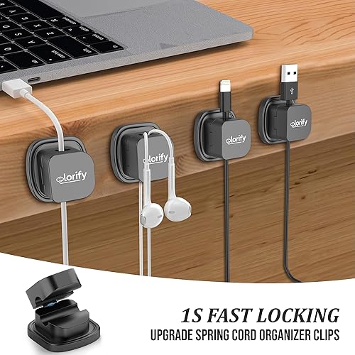 Miniatura 6 de Paquete de 8 clips organizadores de cables giratorios con resorte, soporte de cables de carga adhesivos para escritorio, mesita de noche, laptop,
