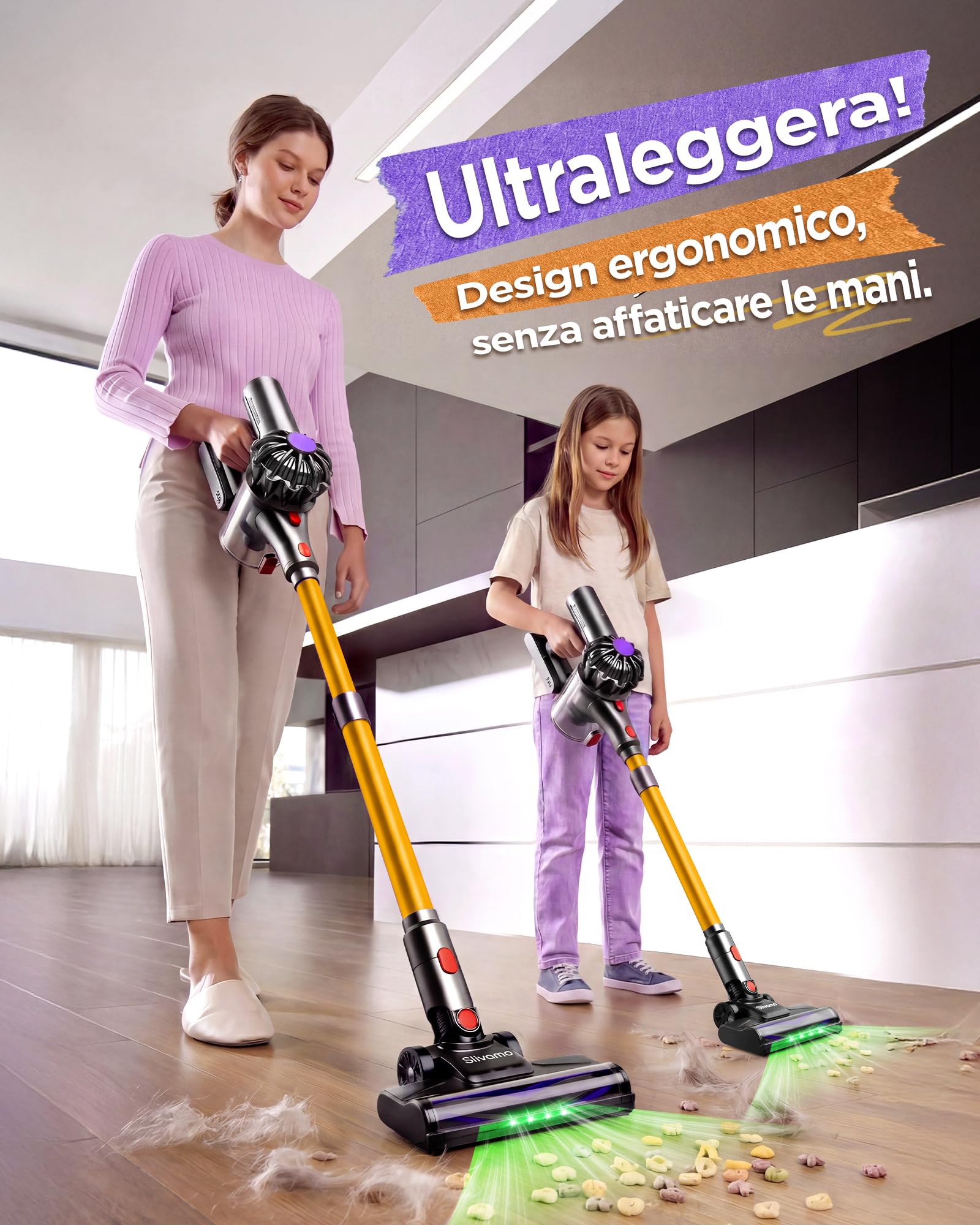 S16 Aspirapolvere Senza Fili, 50kPa/600W/45min, Batteria Rimovibile, Scopa Elettrica Leggero con Luce LED Verde, Autoportante, per Peli Di Animali/Pavimenti Duri, Arancione