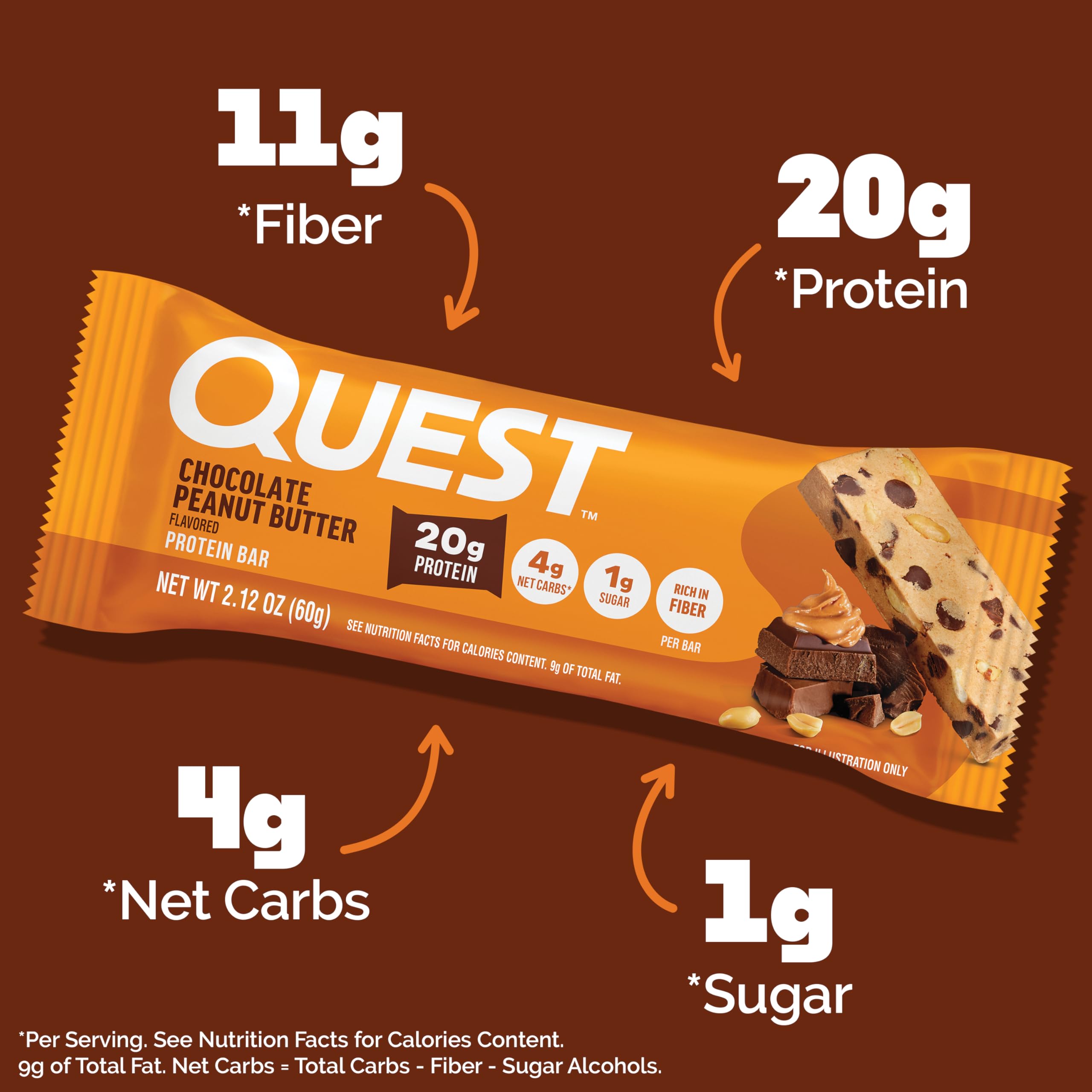Quest Nutrition Chocolate Peanut Butter Protein Bars, 20g Protein, 1g Sugar, 5g Net Carb, Gluten Free, Keto Friendly, 4 Count — Amazon image 4