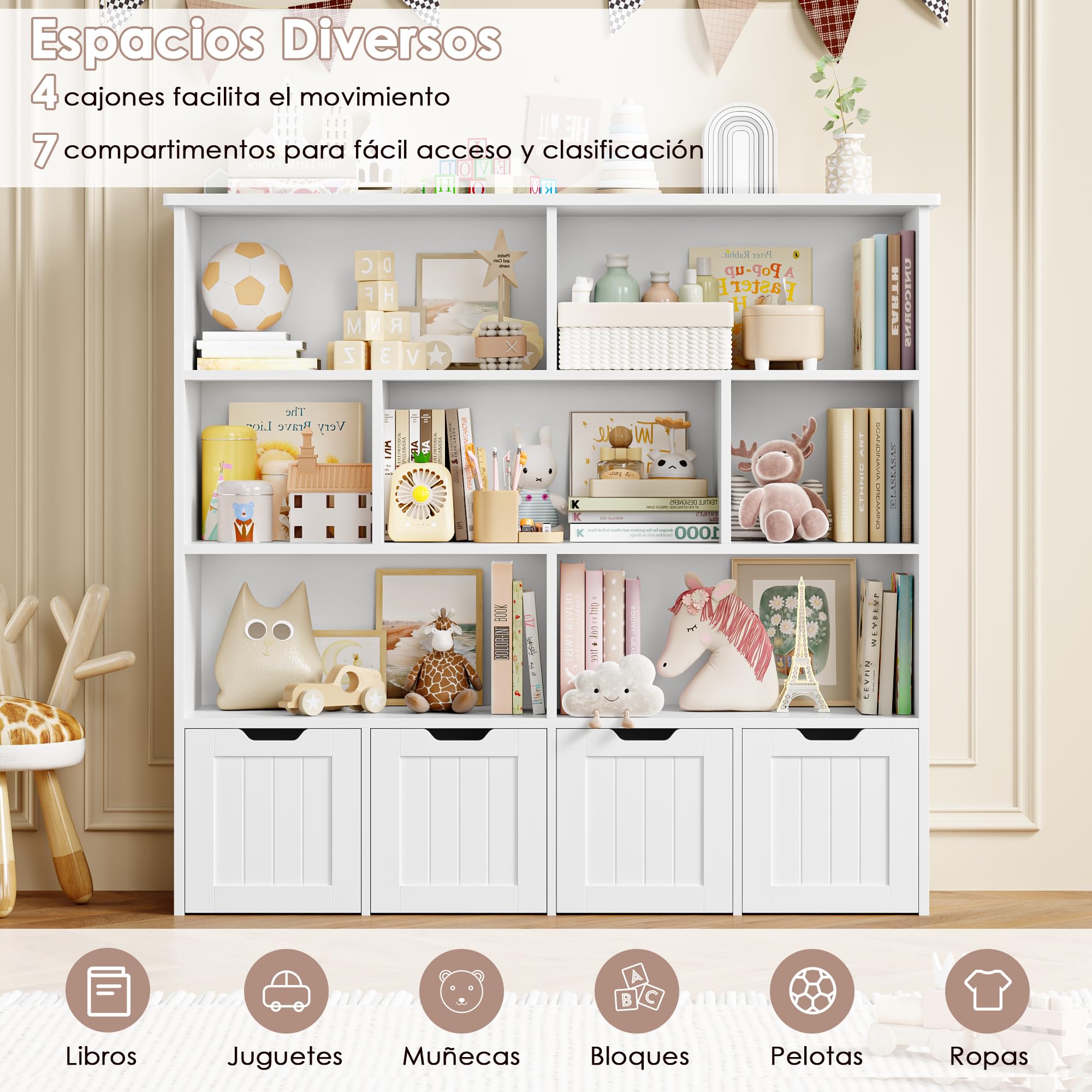 FOREHILL Mueble Almacenaje Juguetes, Mueble Juguetes Organizador, Estanteria Montessori, Estanteria Infantil, Libreria Montessori Infantil, con Ruedas, para Habitación Infantil, Salón (Blanco)
