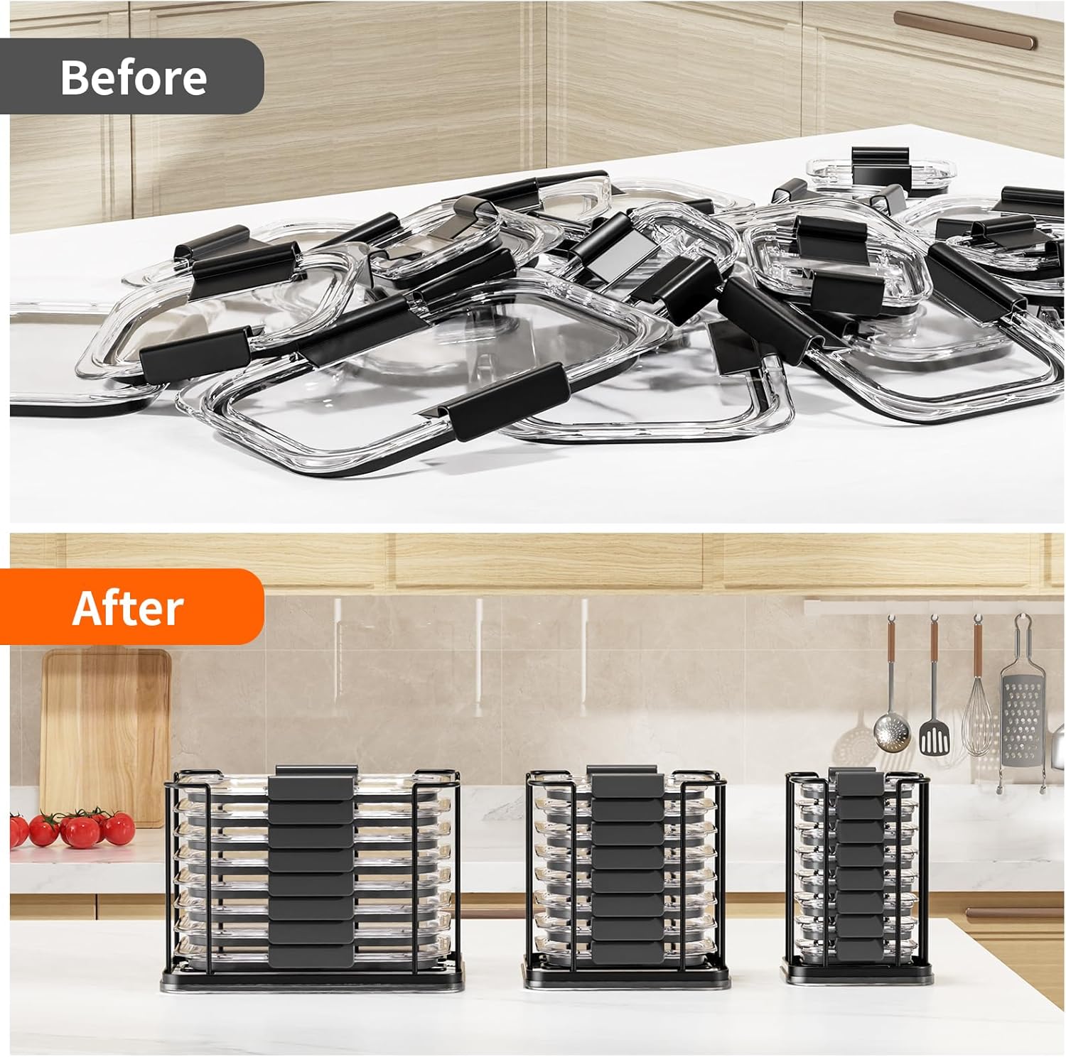 Food Container Lid Organizer for Rubbermaid Brilliance Snap-On Lids,3-Piece Metal Lid Organizer for Kitchen Cabinet & Pantry Storage Rack Lid Holder for 4.7 Cup, 3.2 Cup, 1.3 Cup & 0.5 Cup Containers