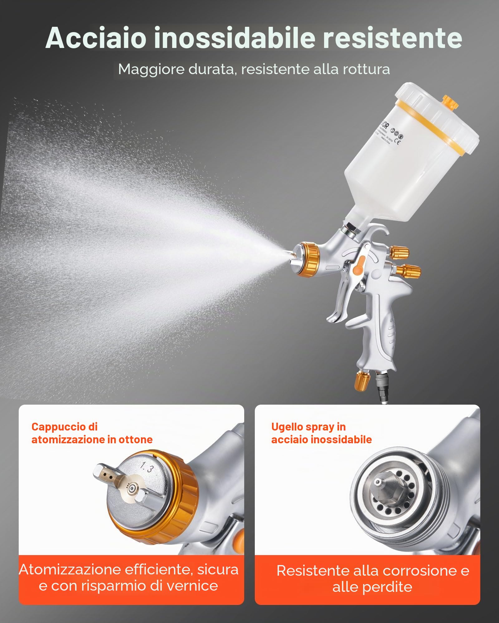 VEVOR Pistola a Spruzzo Pneumatica a Gravità HVLP 600mL con 3 Ugelli 1,3/1,4/1,7 mm, Kit di Spruzzatore ad Aria Compressa, Pistola per Verniciatura Pneumatica HVLP per Auto, Pareti