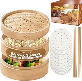 2-Tier 10-inch Bamboo Steamer Basket with Lid|3x Pc Dumpling steamer|2x Chopsticks|50x Perforated Liners| Easy to clean bamboo Steamer Baskets for Cooking Rice & Vegetable