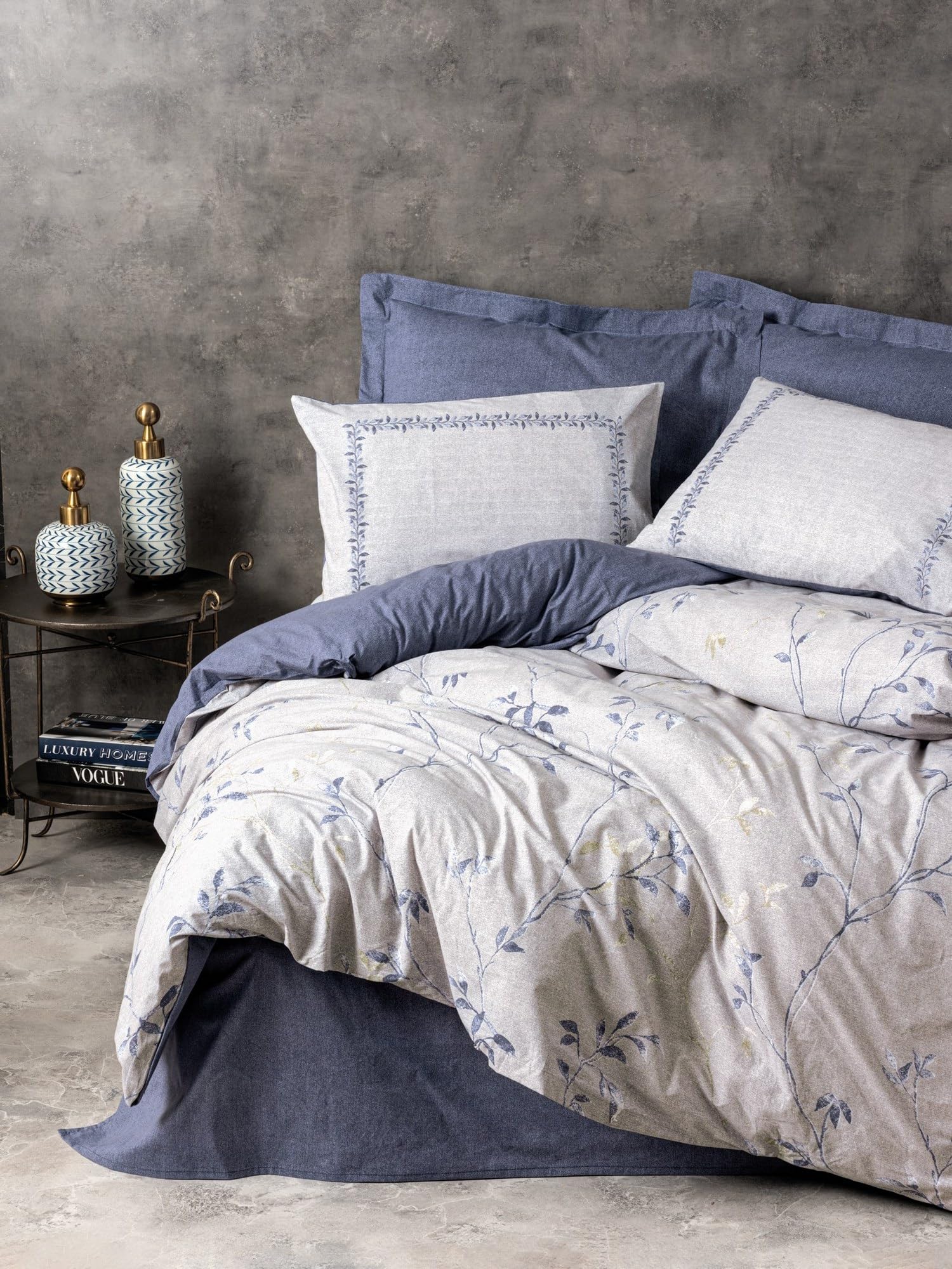 Parure de lit bleu foncé et gris 200x200 housse de couette 100% coton avec taies