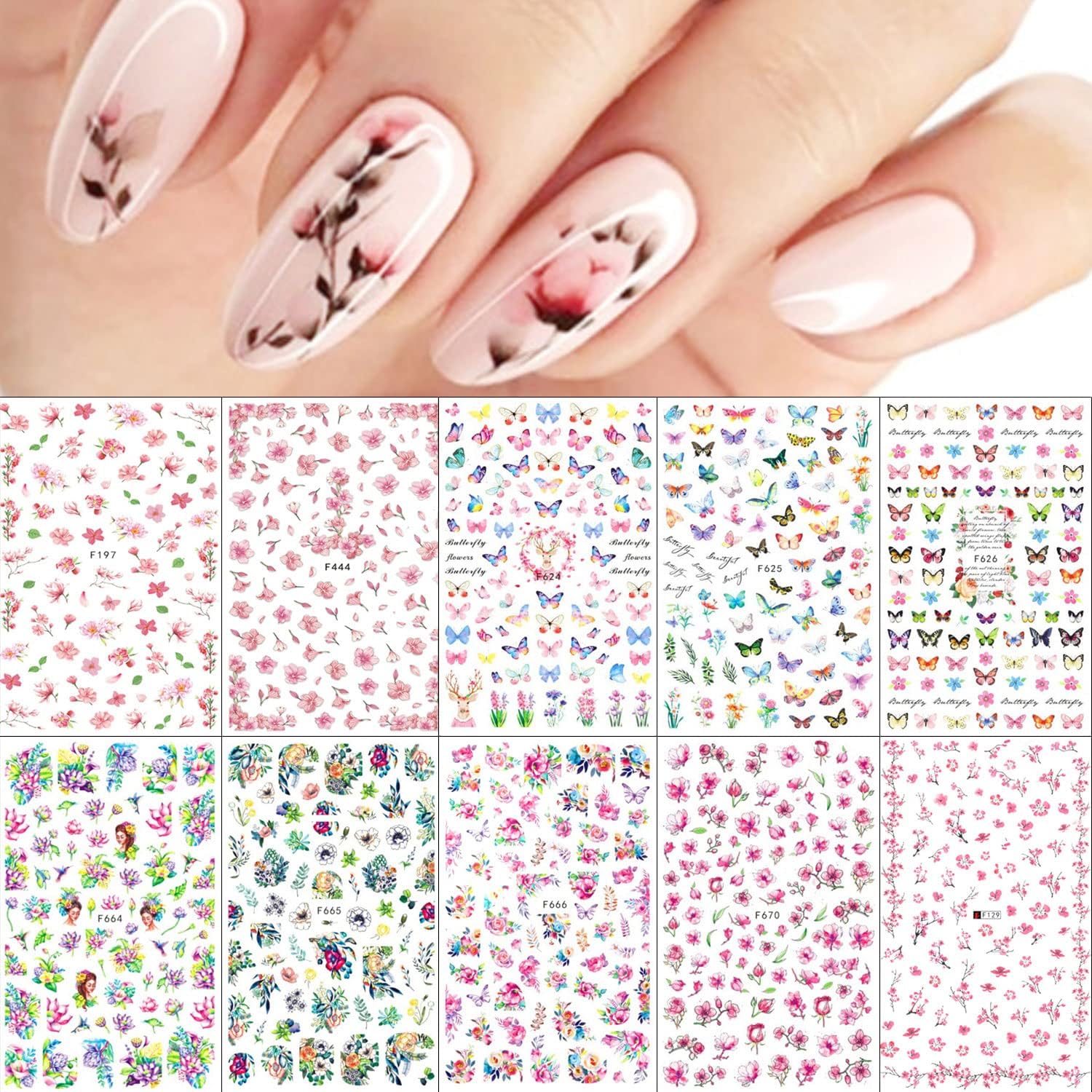 Azonee 10 Sheets Flower Nail Stickers Self-Adhesive Design Floral Leaves Nail Decals Cherry Blossoms Nail Art Stickers for Women Girls Flowers Acrylic Nails Decoration Manicure Tips