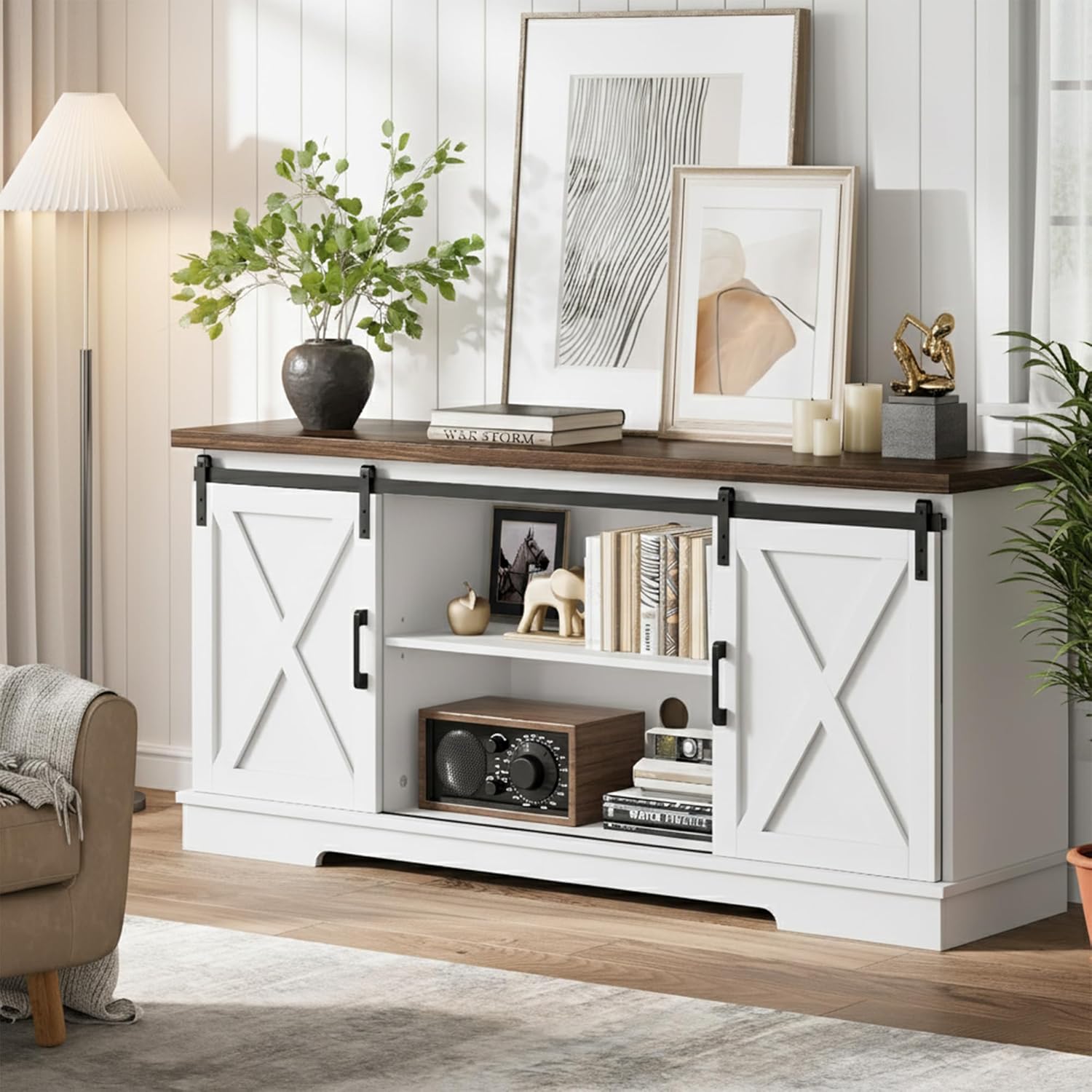 Garvee Farmhouse TV Stand for 65 Inch TV, 59" Entertainment Center with Sliding Barn Doors, Modern Rustic Media Console with Adjustable Storage Shelves for Living Room, Bedroom, White