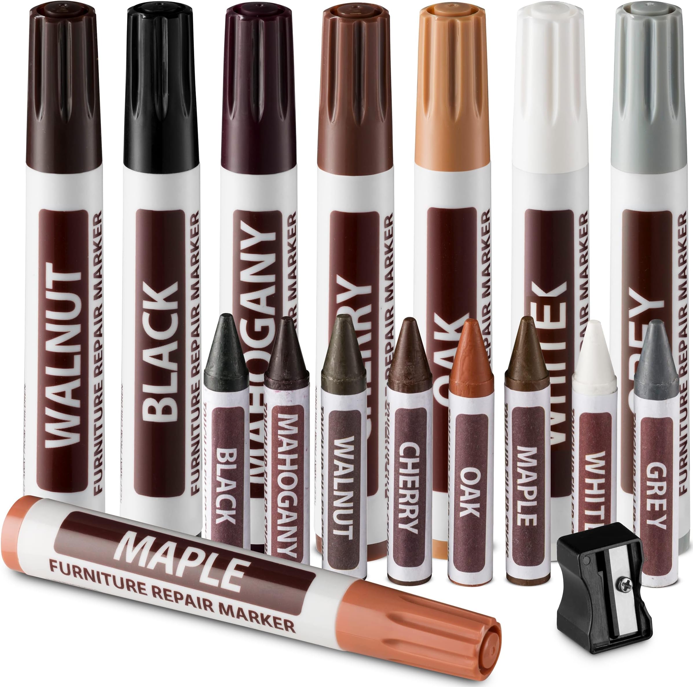 Furniture Markers Touch Up, 17Pcs Wood Scratch and Stain Repair, 8 Felt Tip Markers, 8 Wax Stick Furniture Crayons & Sharpener, Maple, Oak, Cherry, Walnut, Mahogany, Black, White and Gray