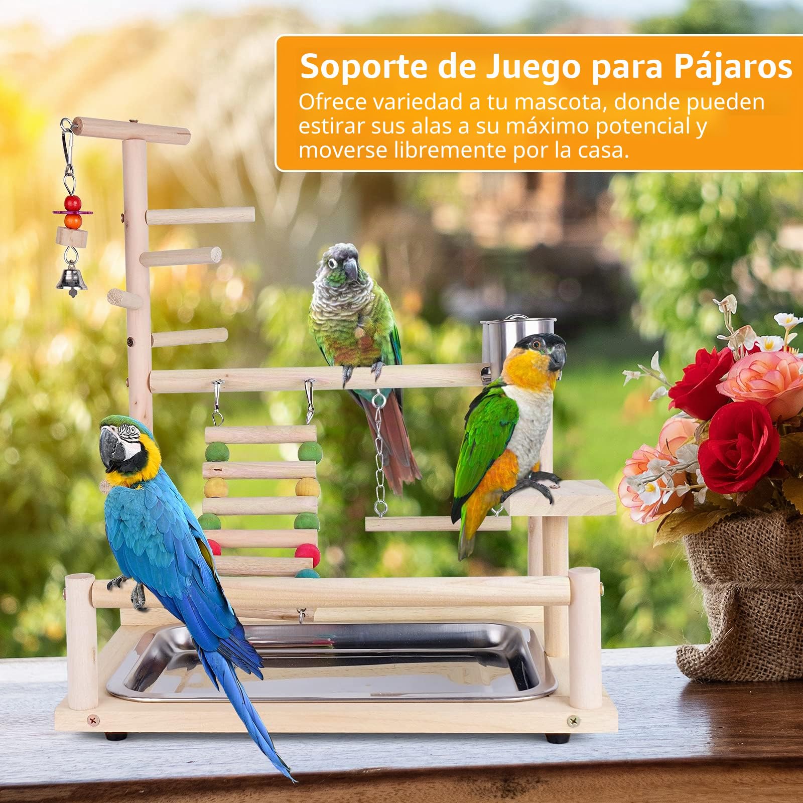 Soporte de Madera para Loros y Pájaros, Patio de Recreo, Gimnasio,Juego de Juguetes, con Perchas, Escaleras y Columpio, para Eclectus Scarlet Macaw Cacatua Monk Parrocchetto Quaker