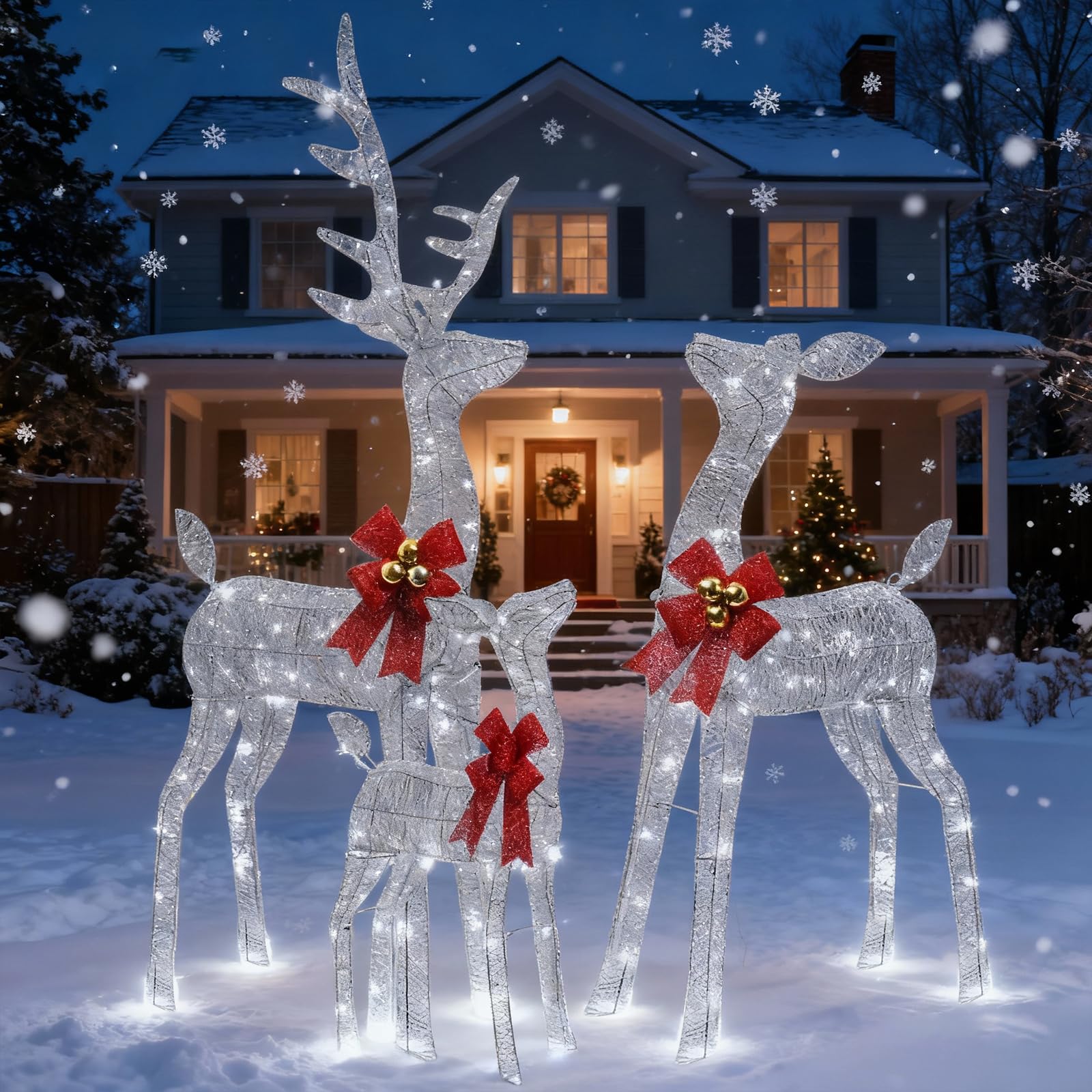 Decorazioni Natalizie da Esterno per Giardino: Famiglia di 3 Renne Luminose da Esterno, Telaio in Metallo Resistente e Impermeabile, Figure Natalizie LED XXL per Esterno Interno Giardino Balcone