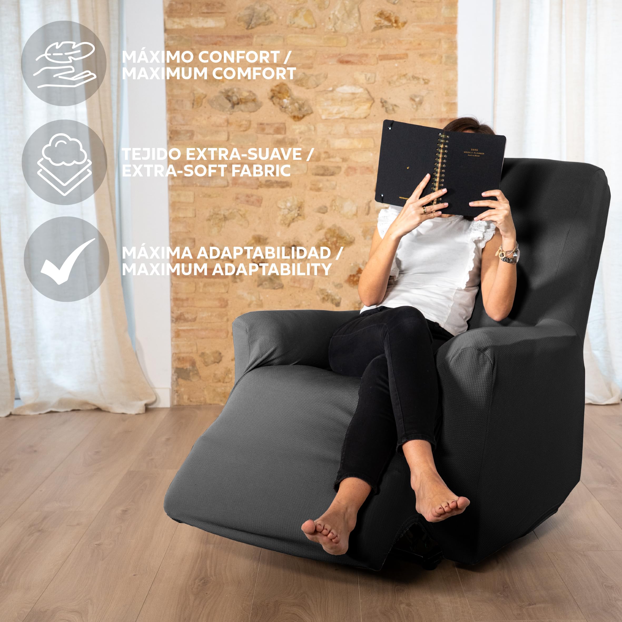 Textilhome Relaxsessel Bezug 1-Sitzer Jacquard Stretchhusse für Relaxsessel, Elastischer Relaxsesselbezug & Überzug, Sesselschoner Waschbar, Grey 70–100 cm
