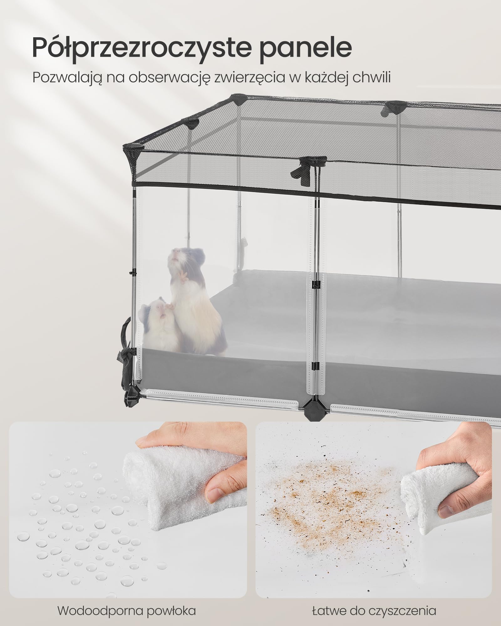 SONGMICS Ogrodzenie dla małych zwierząt, półprzezroczyste panele, oddychająca tkanina, wodoodporna mata, dla królika, jeża, świnki morskiej, fretki, 144 x 74 x 47 cm, biała chmura LPC015W01