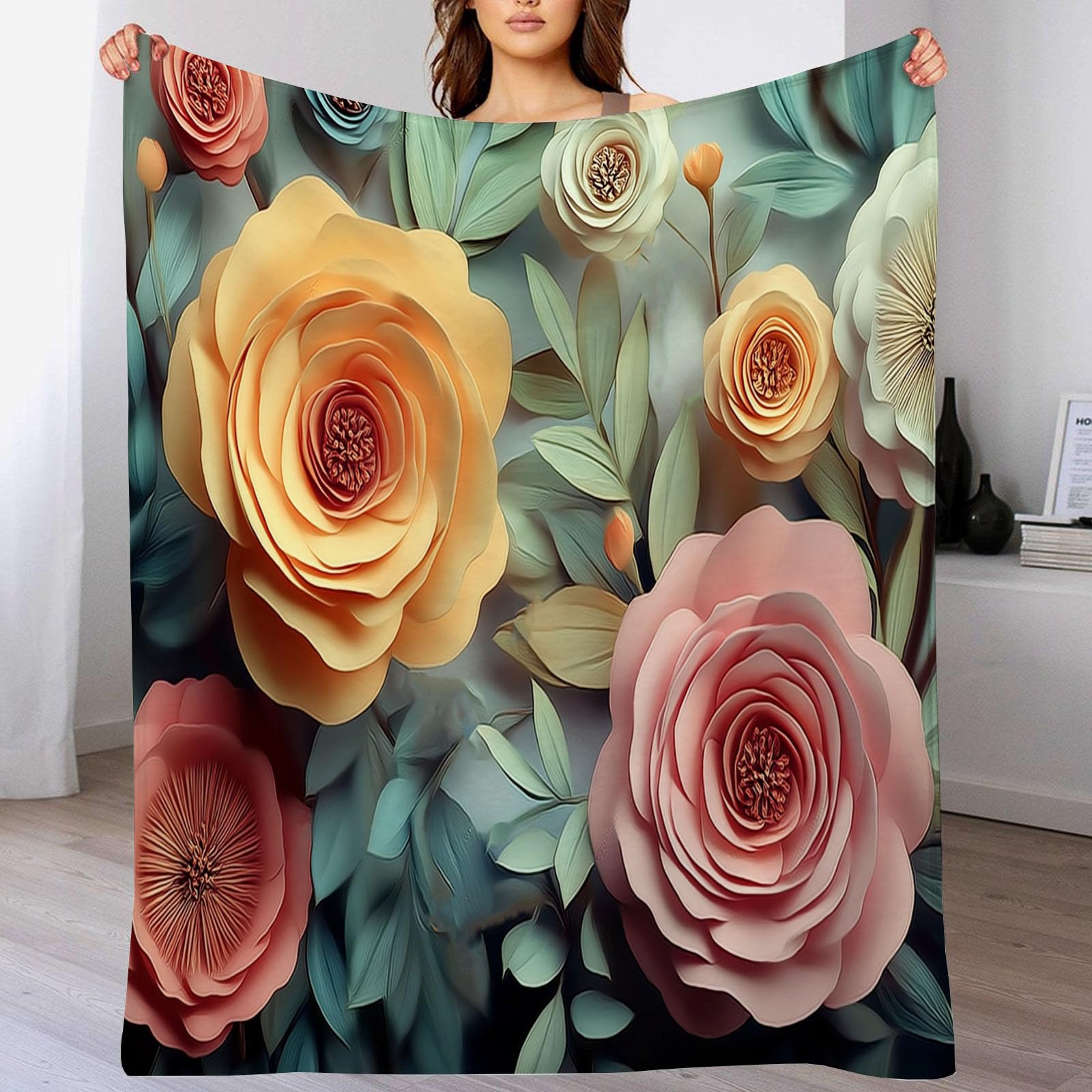 Plaid en flanelle motif automne rose et jaune 150x200cm pour lit et canapé