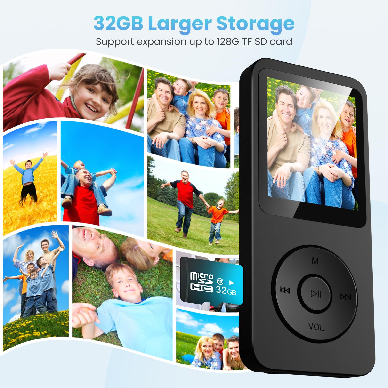 Lettore MP3 Classico 32 GB - Bluetooth 5.3 Schermo da 1,8 Pollici sportivo con cuffie Design Compatto e Portatile, Riproduzione Musicale HiFi Senza Perdite, Espandibile Fino a 128 GB con Scheda TF
