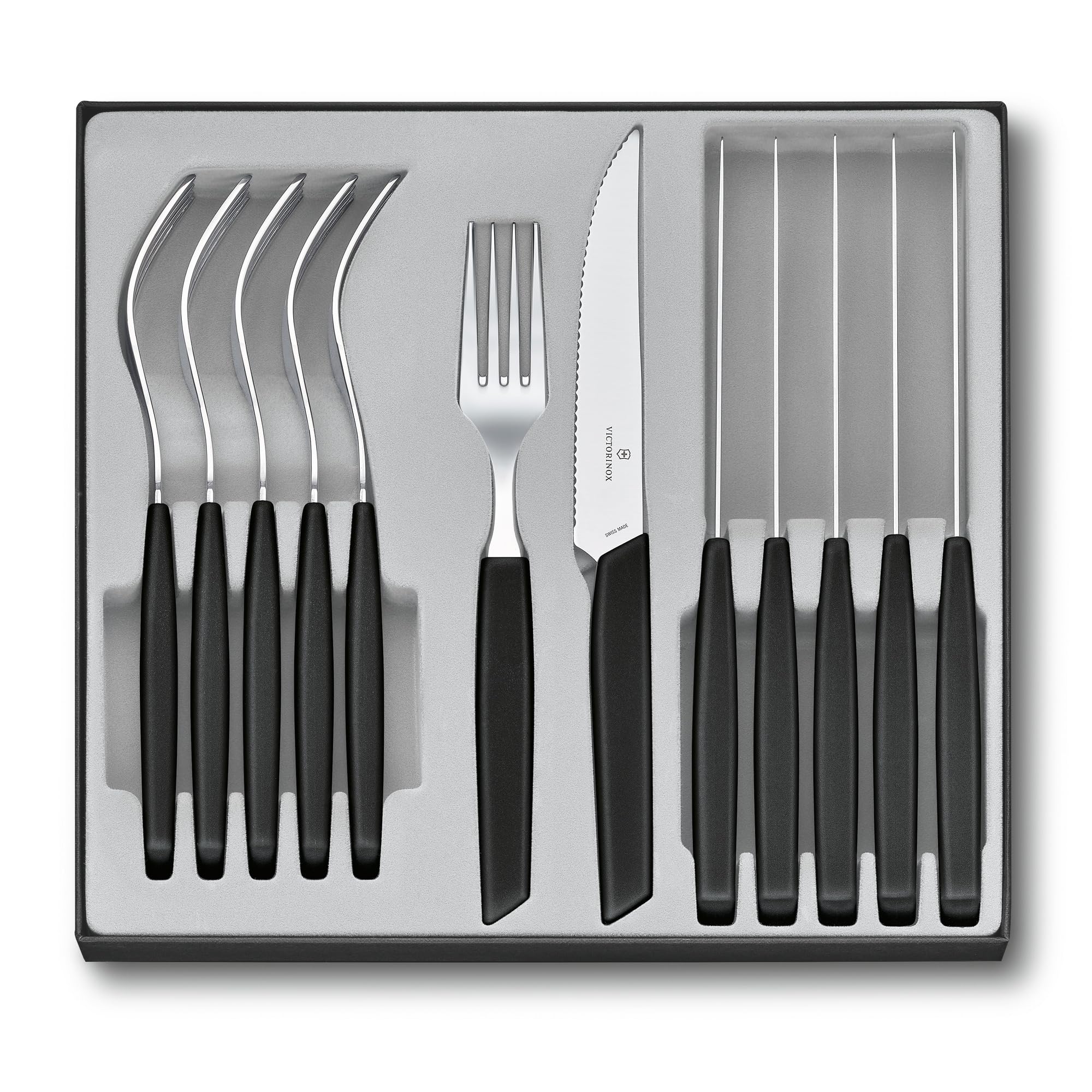 Victorinox Modern, set di 12 posate composto da forchette e coltelli da bistecca e da pizza, in acciaio inox, nero