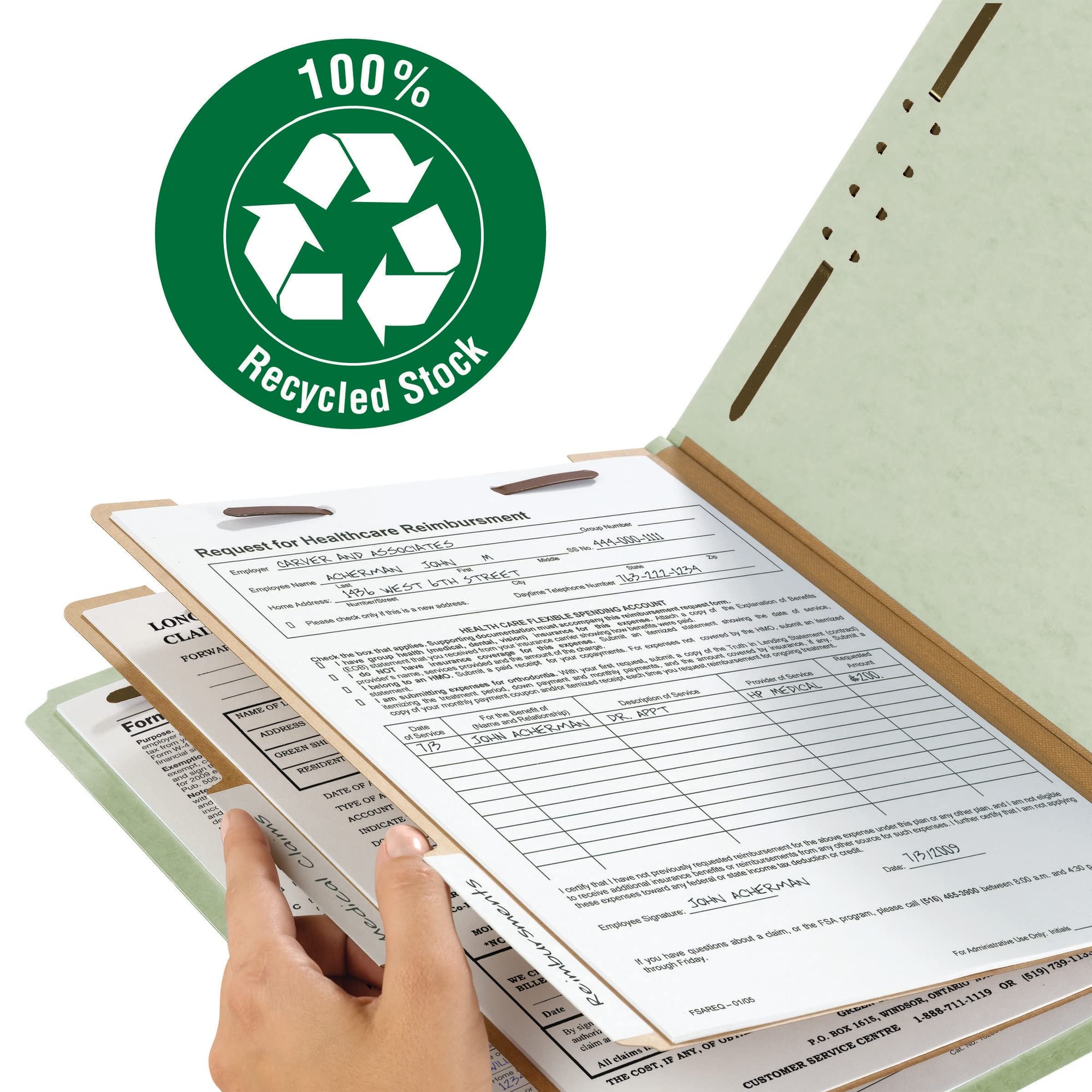 Smead 100% recycelte Presskarton-Klassifizierungsmappe, 2 Trennwände, 5,1 cm Erweiterung, legale Größe, grau/grün, 10 Stück pro Box (19022)