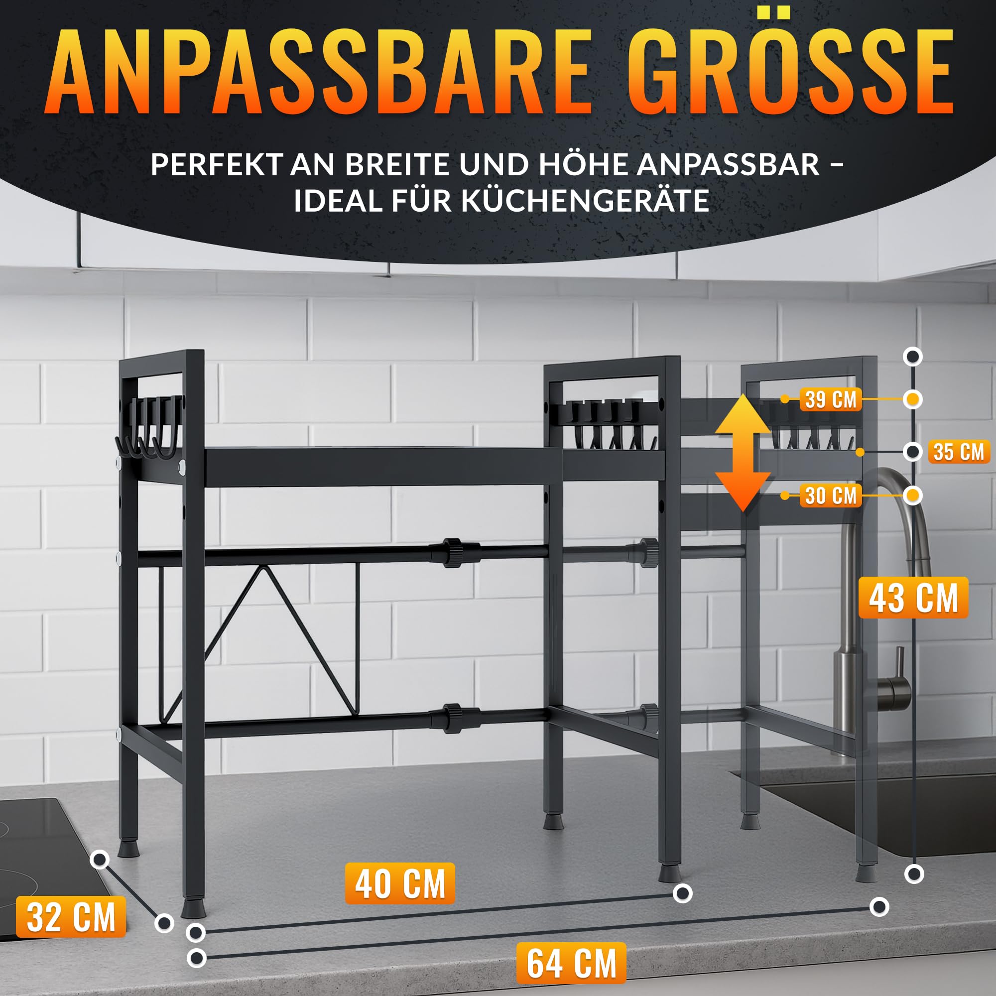 Allyson® Estantería para microondas de 2 niveles, altura ajustable, soporte para microondas, incluye 8 ganchos y patas antideslizantes, organizador de cocina para almacenamiento de cocina