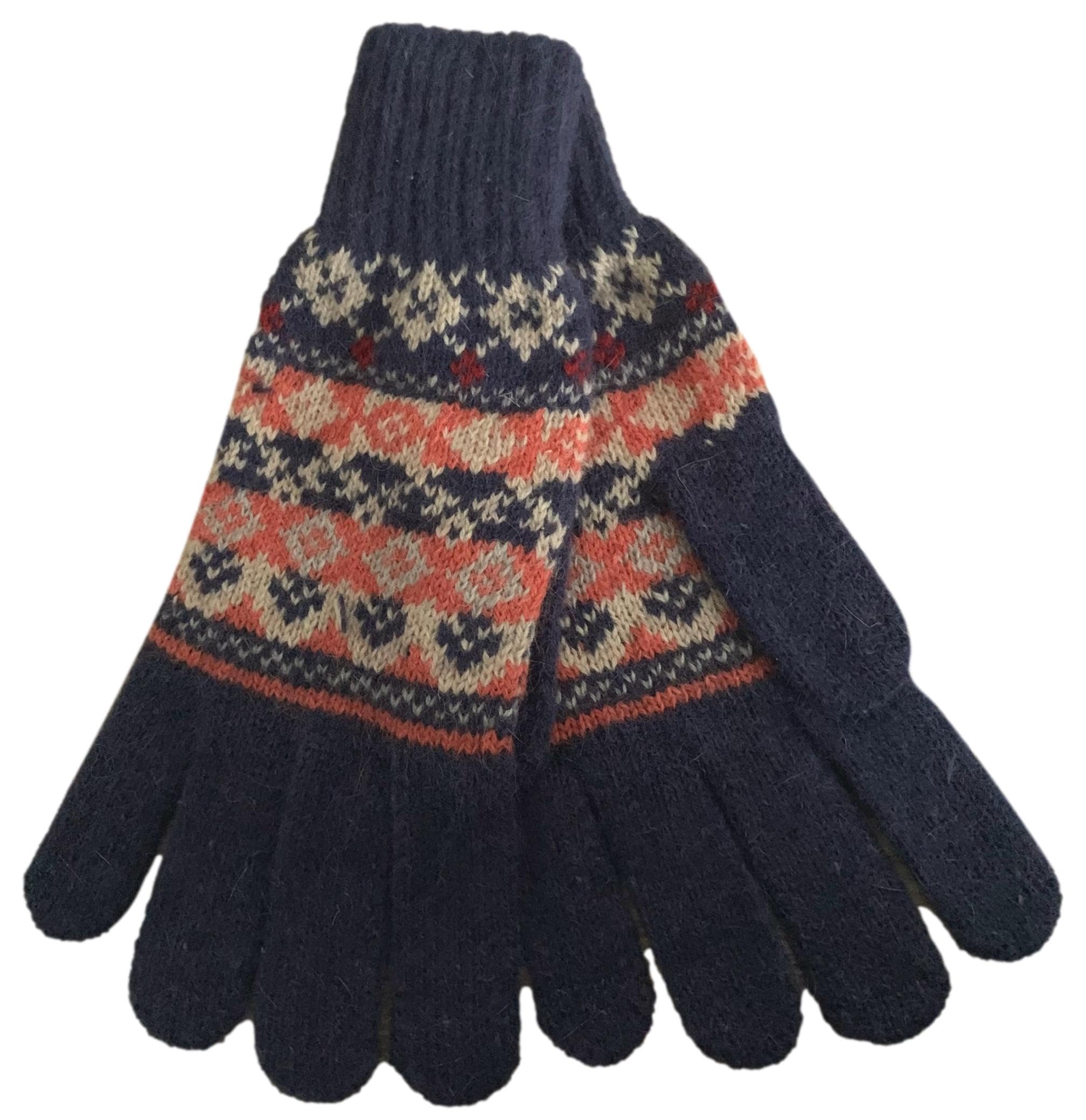 Purple Possum® Blue Gloves Orange Patterned Knitted Wool Angora Blend Womens Navy Full Winter Warm Cosy Gloves One Size