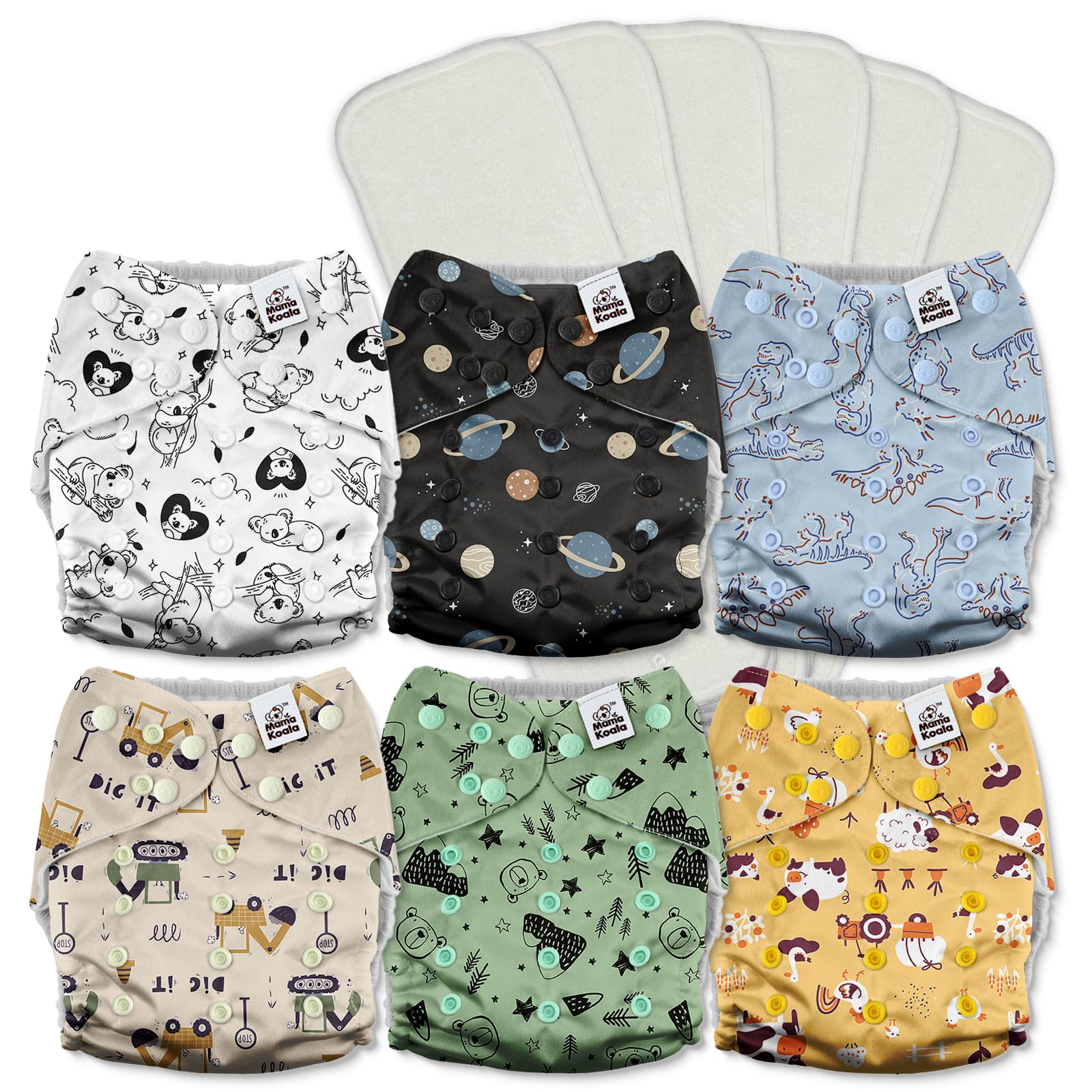 Mama Koala 3.0 Cloth Diapers for Babies with AWJ Lining, 6 Pack with 6 5-Layer Natural Cloth Diaper Inserts - Reusable and Washable Pocket Diapers(A-Dinosaurs and Farm)