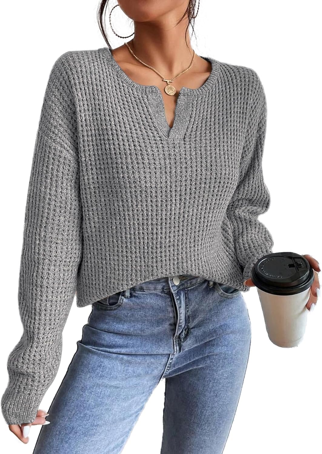 Womens Sweaters Casual Drop Shoulder Long Sleeve V Neck Pullover Tops Trendy Fall Fashion Clothes 2025