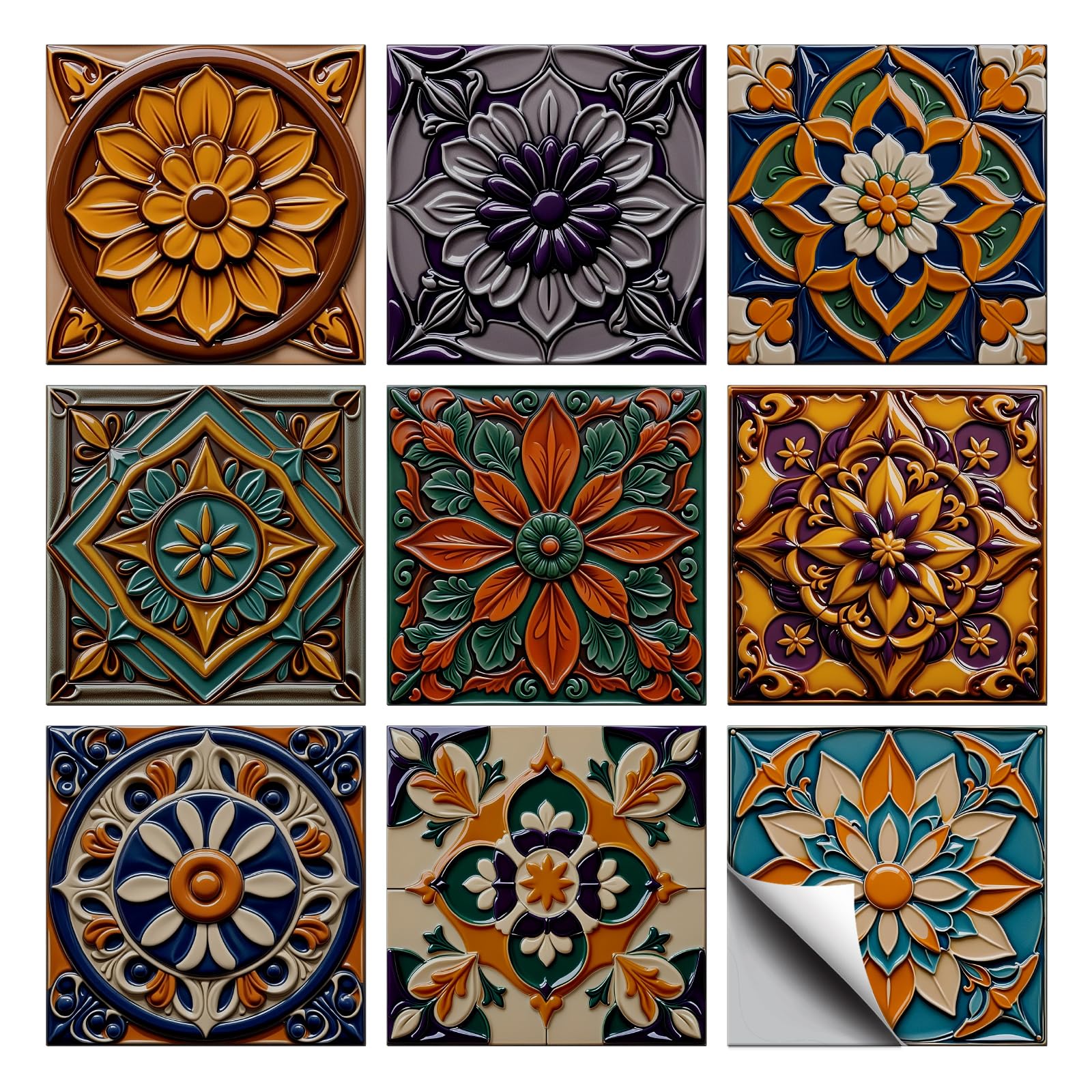 CONCHLERY 36 Pcs 9 Styles Simple Embossed Floral Patten Tile Sticker Colorful Floral Patten Wall Tile Stickers Waterproof Self Adhesive Stick on Decals for Kitchen Bathroom Wall Art 4×4 Inch