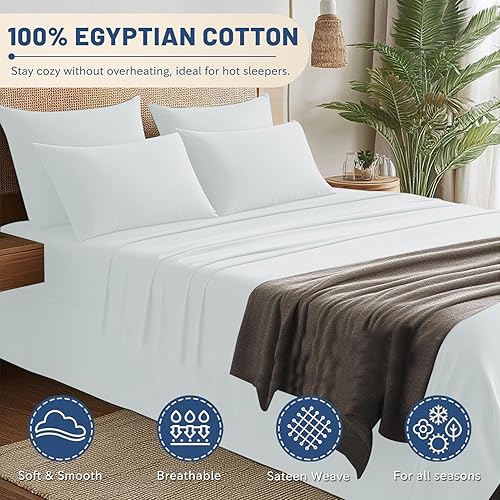 Miniatura 2 de MEISHANG Juego de 4 piezas de sábanas de algodón de 600 hilos tamaño Queen, 100% algodón de fibra larga, tejido satinado, sábanas frescas y