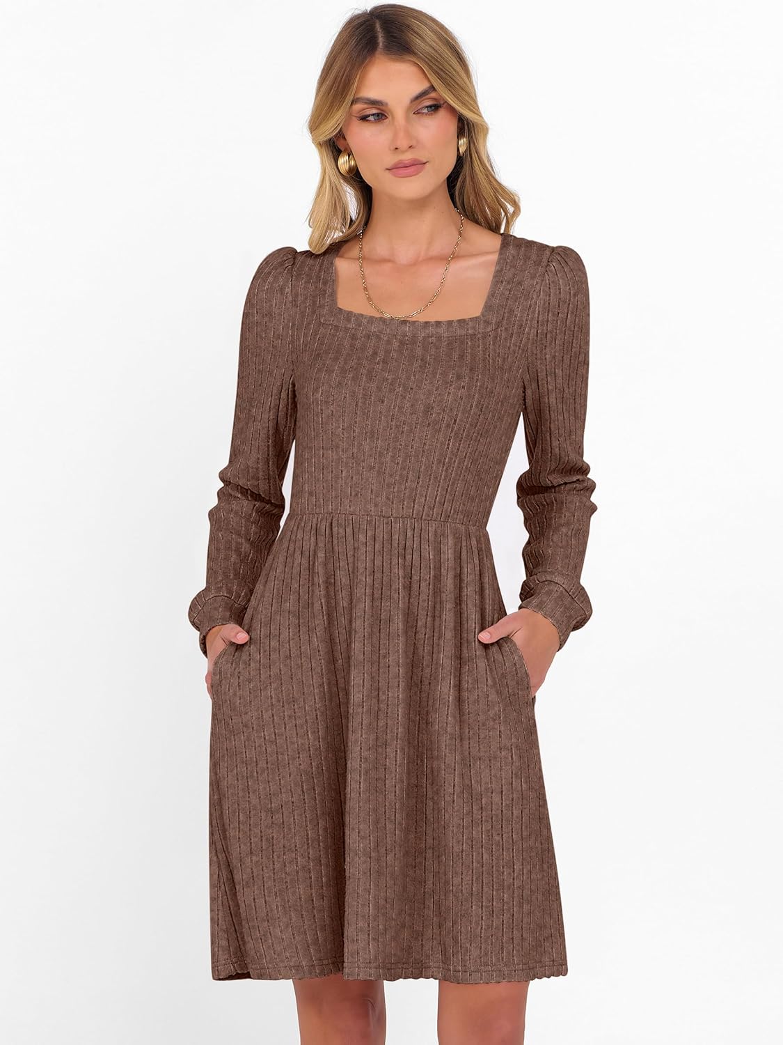 ANRABESS Women's Square Neck Long Sleeve Fall Dress Casual Ribbed Knit Soft 2026 Trendy Short Sweater Dresses with Pockets - Image 2