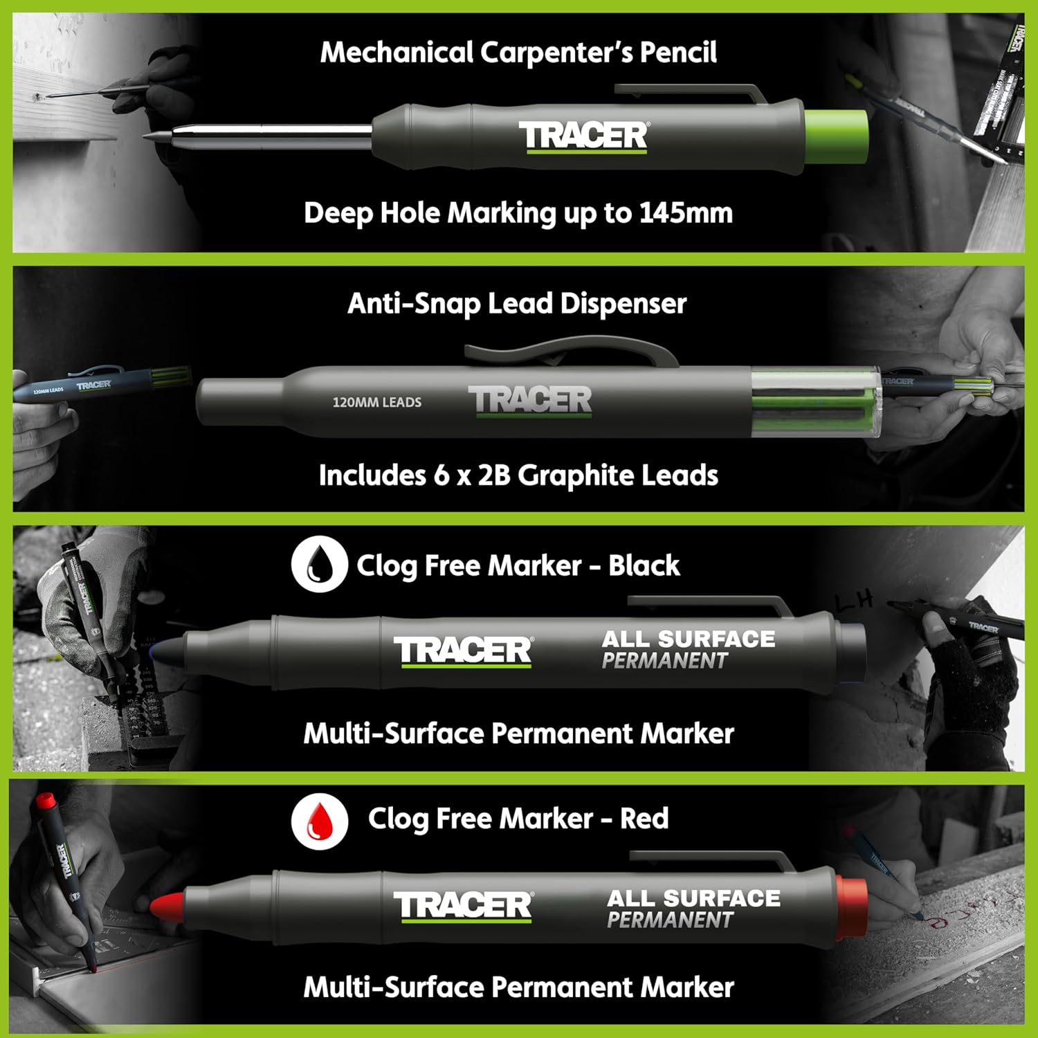 Tracer Marking Kit - Deep Hole Pencil, ALH1 Lead set and 2 Clog Free Markers with Holsters. Construction pencil & Marker set