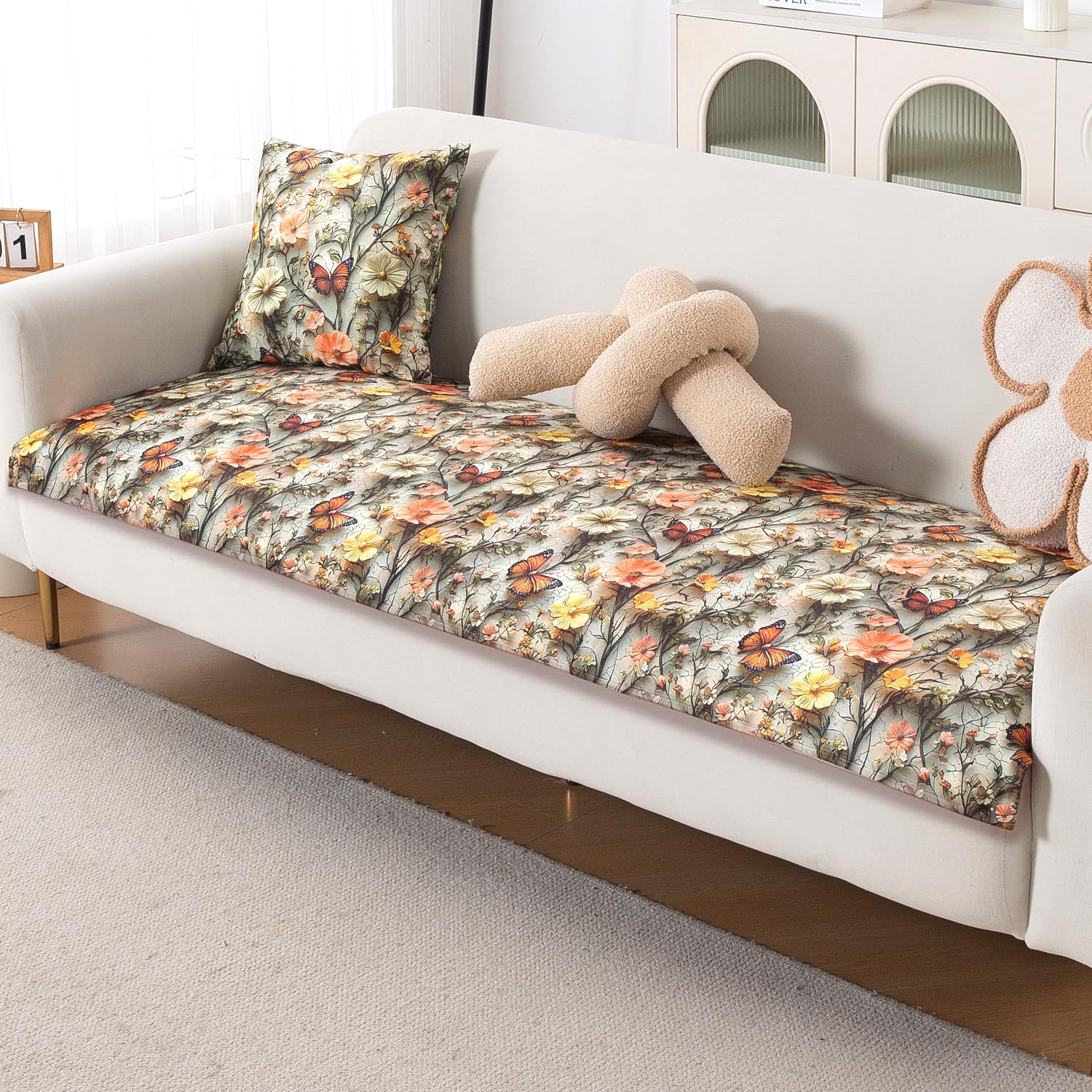 HOKIPO 'Nature Muse' Premium HD Printed Holland Velvet Sofa Cover Mat for 1/2/3 Seater & L-Shape Sofa. Make Your Own Sofa Cover Set, Mat 70(D) x 180(L) cm, Butterfly Orchard (IN-918-D3)-image-42