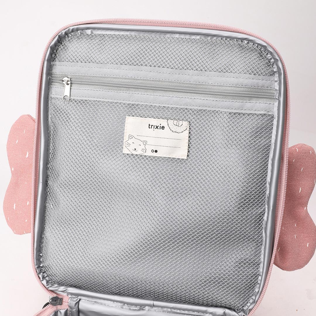 Trixie Isolierter Thermo - Brotbeutel mit Schultergurt, Vordertasche mit Reißverschluss, Namensschild, für Kinder in Schule, Kindergarten und Krippe (Mrs. Butterfly)