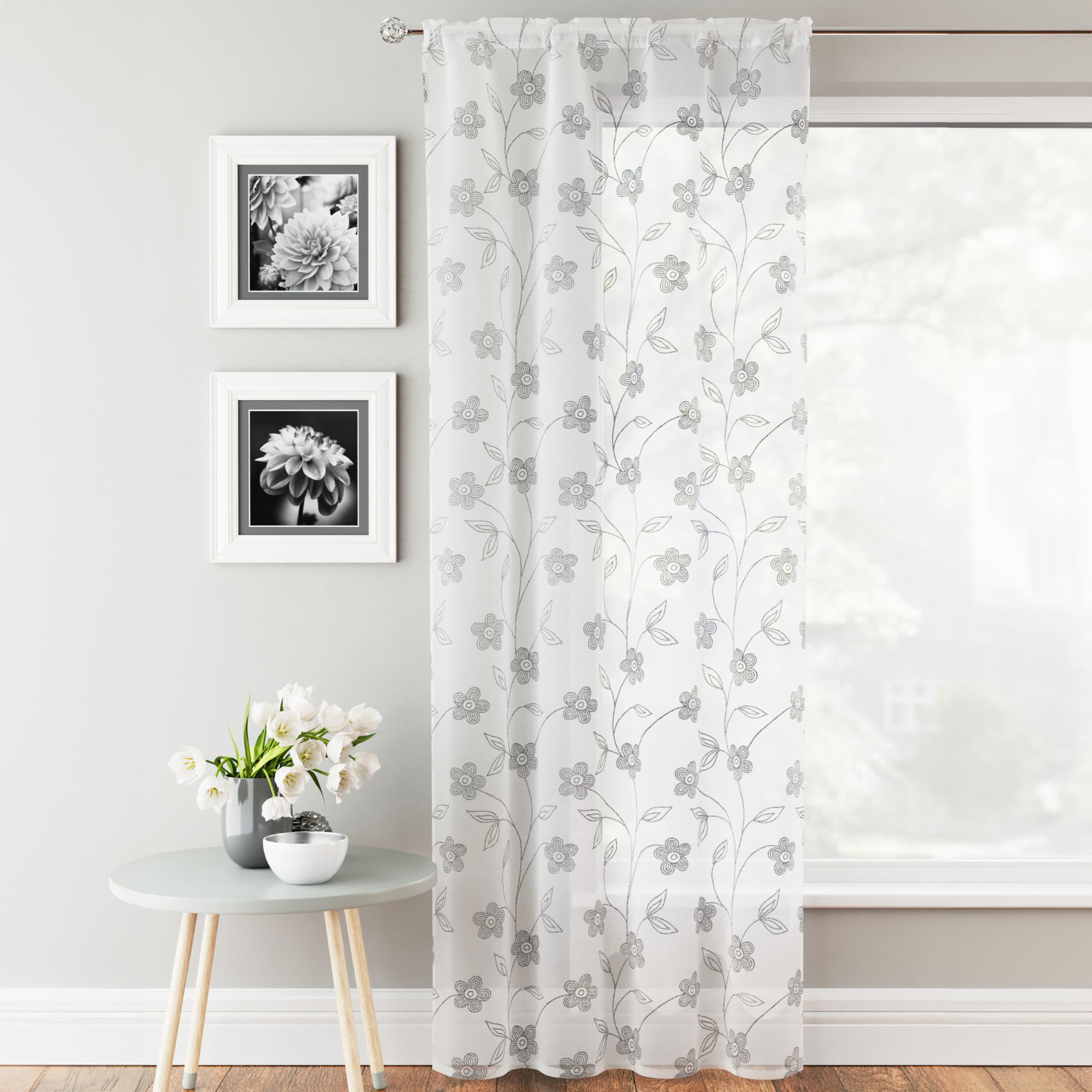 Tyrone Textiles Sienna Grey Floral Voile Net Curtain Panel - 55 x 90 Inch (140 x 229cm) - Sheer Semi Transparent Slot Top/Rod Pocket Privacy Drapes