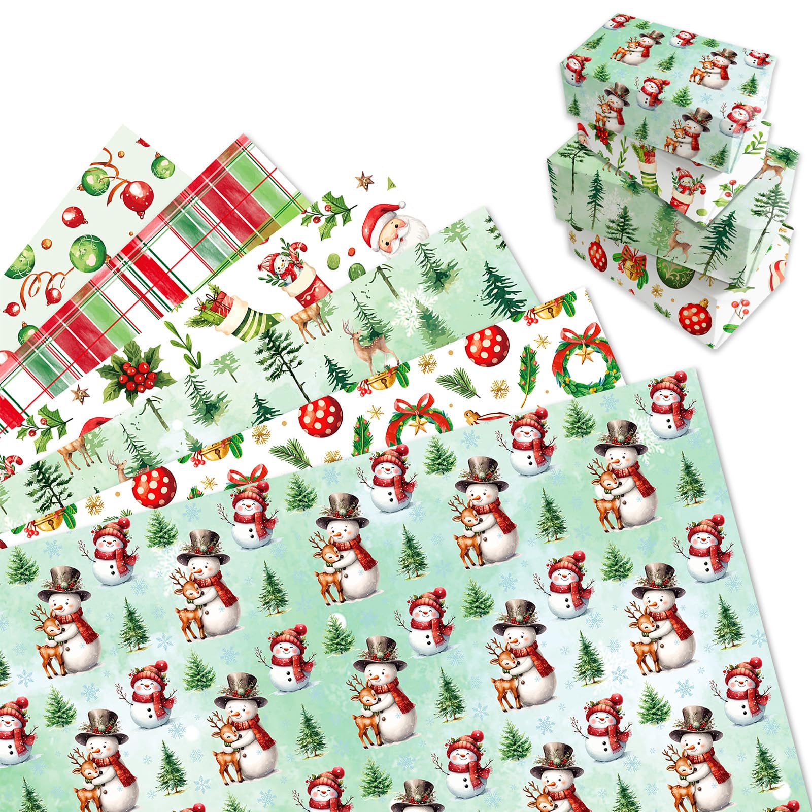 MORAINJAY 12 Bögen Weihnachts Geschenkpapier, Weihnachtsmann Schneemann Geschenkverpackung, Geschenkpapier für Kinder, Mädchen, Geburtstag, Weihnachten, 68 x 50 cm