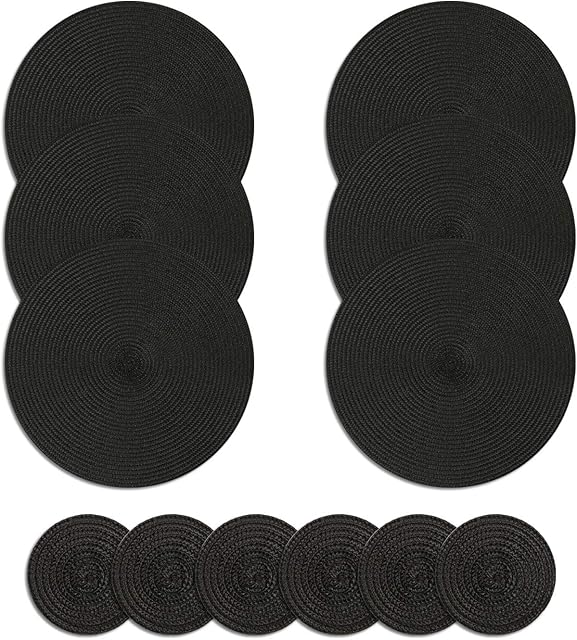 Homcomodar Round Placemats and Coasters Set of 6 Braided Woven Table Place Mats for Dining Table(Black)
