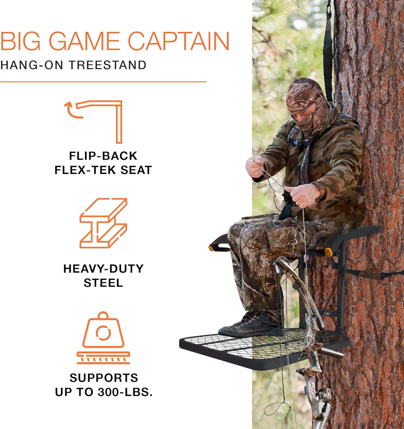 Big Game Captain Hang-On Treestand, Lightweight Steel Construction & Flip-Back 14" x 12" Flex-Tek Seat, 300 lbs Weight Rating, & Foot Platform