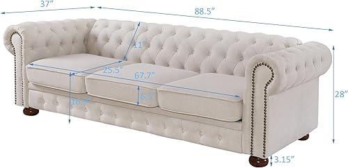 Miniatura 2 de Sofá Chesterfield clásico de 88 pulgadas, moderno sofá capitoné de 3 plazas con botones en forma de L de lujo tapizado de tela de lino para sala de