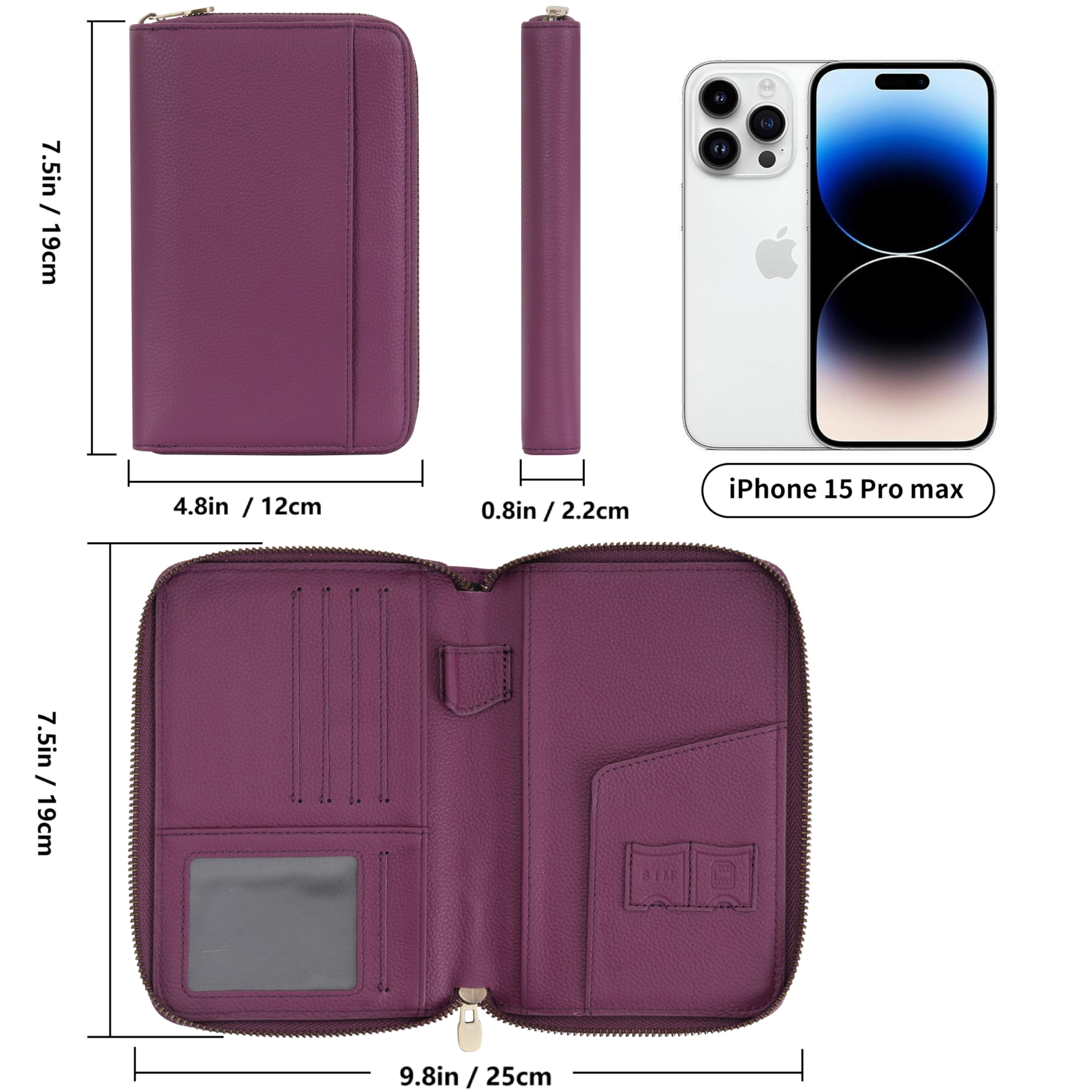 WASON Cartera de Pasaporte de Viaje de Cuero con Cremallera Protección RFID, Funda para Pasaporte con Compartimentos para Tarjetas, Efectivo, DNI, Tarjeta de Embarque y Billetes (Morado)