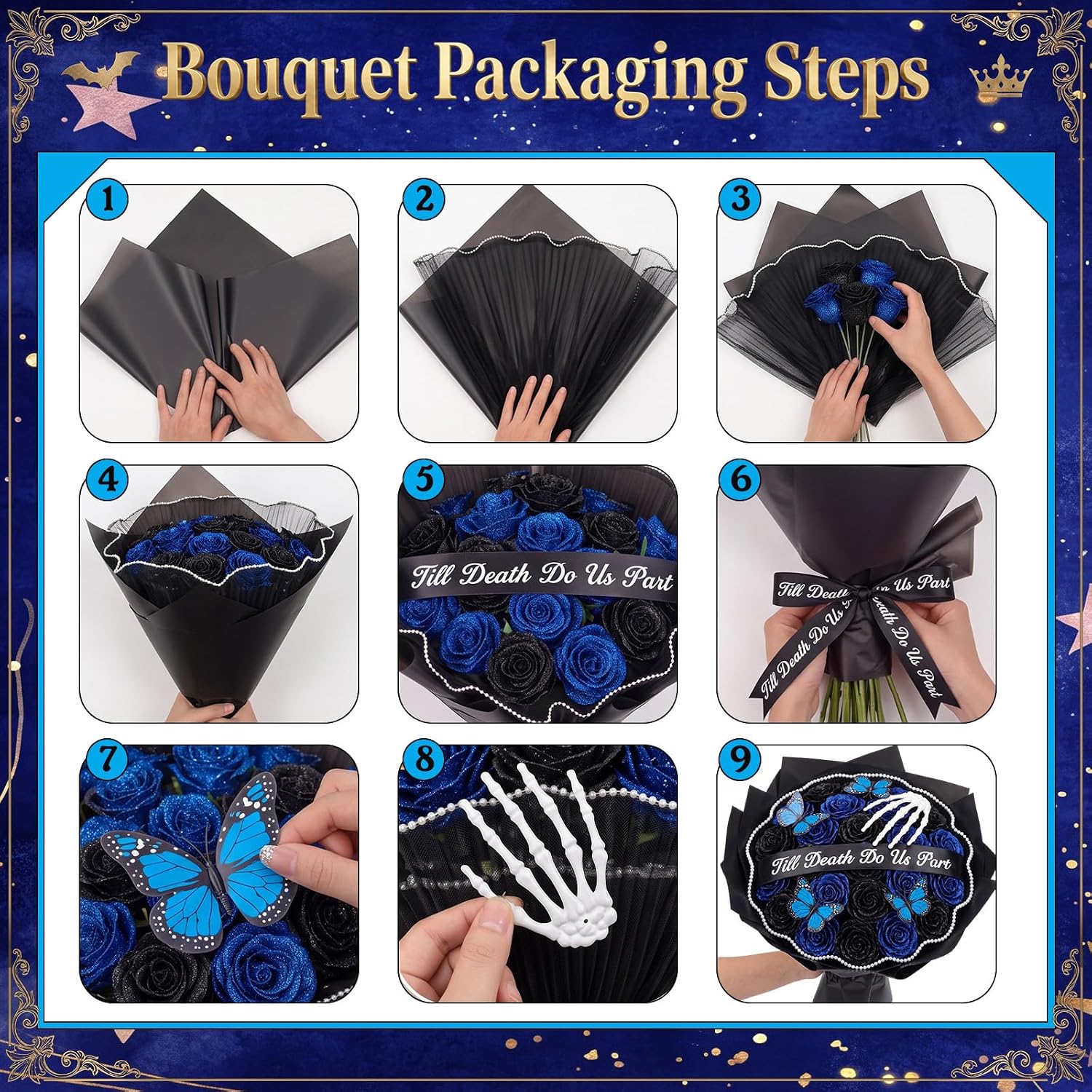 Cindeer 54 Pcs Halloween Glitter Roses Bouquet Set for Zombie Bride Party