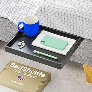 BedShelfie Bedside Shelf for Dorm Room Bunk Bed & Top Bunk, College Dorm Room Essentials, Bedside Caddy, Clip on Floating Desk Tray, Bed Side Table Storage, Loft Nightstand Decor - Black Wood Slide