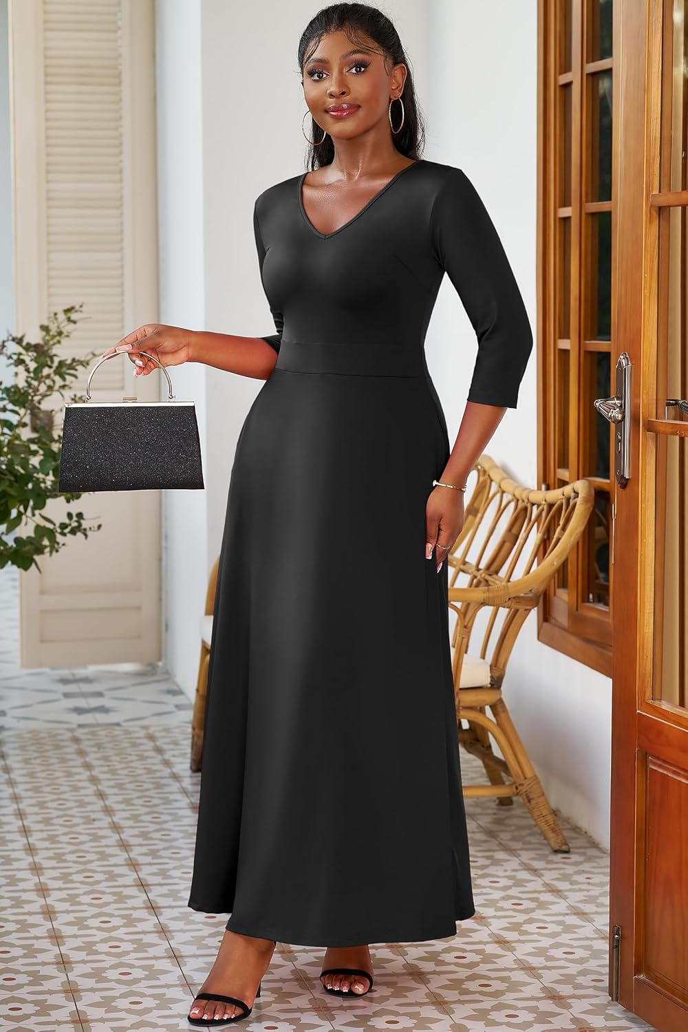 FANDEE Women's Dresses Church Loose Fit V Neck Dress with 3/4 Sleeve and Belt Design Casual Long African Attire Dress - Image 3