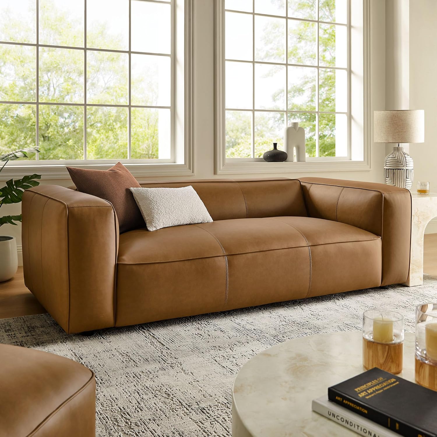 Modway Auren Vegan Leather Sofa in Camel - Faux Leather 3 Seater Couch - 88 Inch Comfy Modern PU Leather Sofa - Oversized Mid Century Modern Couch for Living Room