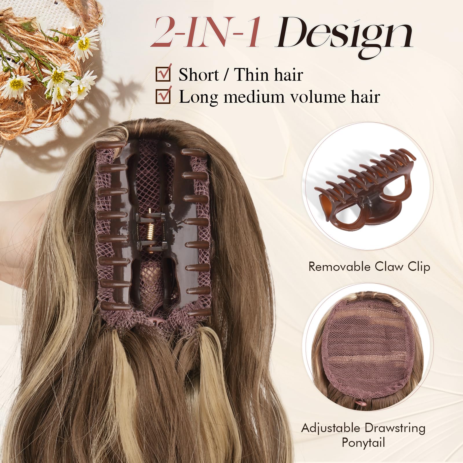 Sofeiyan Coleta Postiza Rizada 43cm con Pinza de Garra, Extensión de Pelo Sintético de Aspecto Natural Cola de Caballo Falsa para Mujer, Rubio Miel Mezclado con Castaño Claro