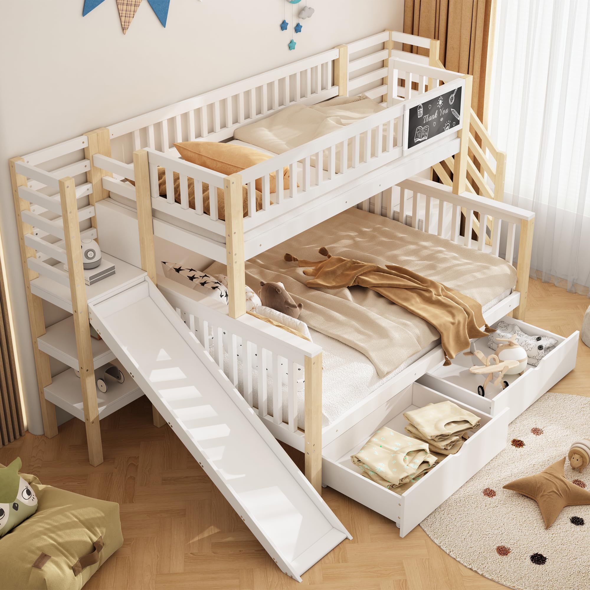 Azkoeesy Letto a Castello per Bambini con Scivolo, scala portaoggetti, 2 cassetti e lavagnetta, design modulare, parapetto sicurezza e doghe, struttura in pino, bianco e naturale, 140x200+90x200 cm