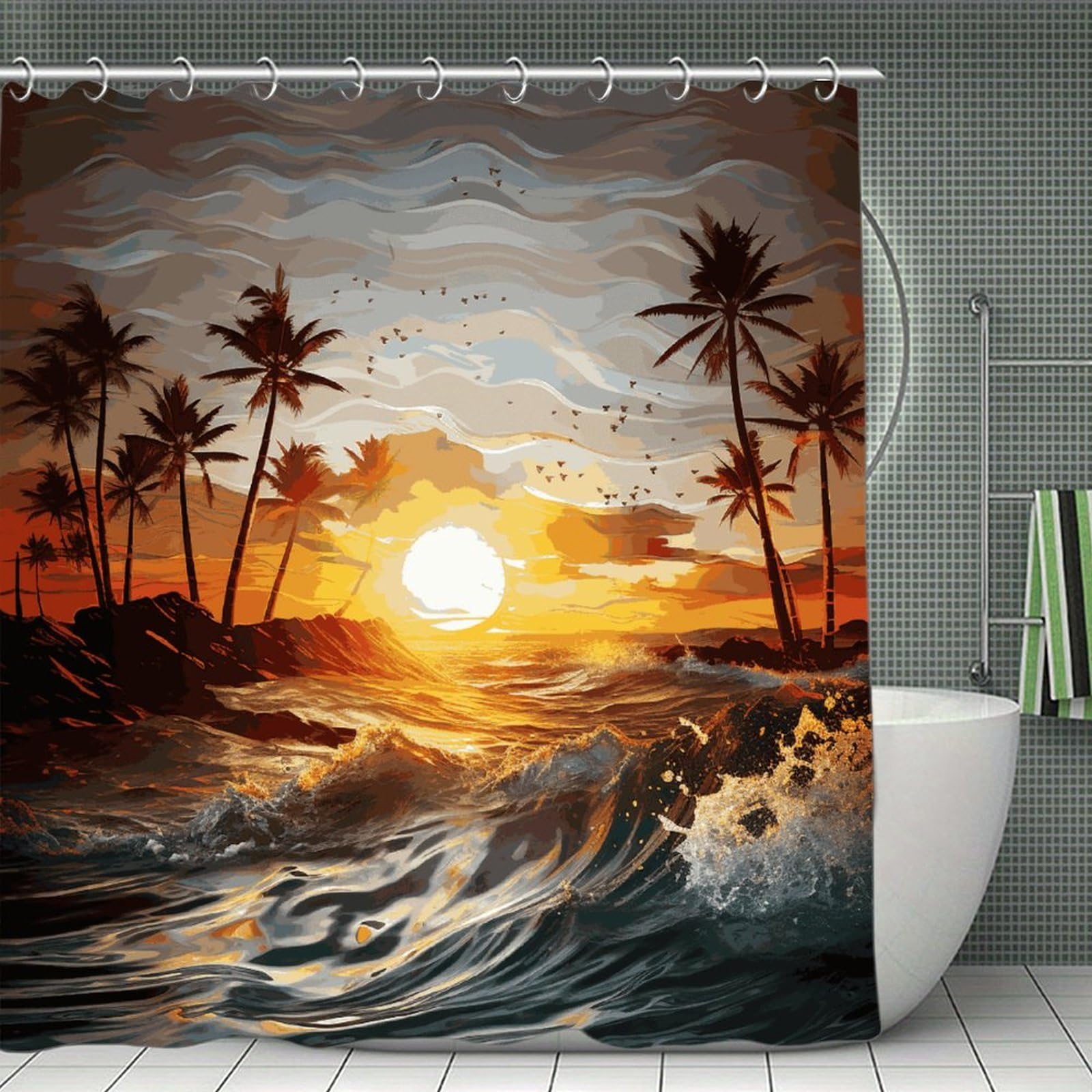 VstaDank Palm Trees Ocean Waves Sunset Shower Curtain Light-Weight Blackout Bathroom Curtain Washable Shower Liner 71x71 Inch Bath Curtain with Metal Holes Bathtub Bath Room
