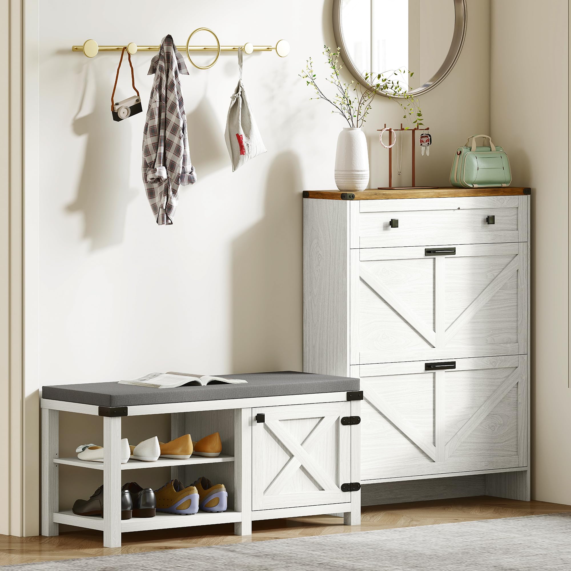 HOMCOM Banco Zapatero Rústico con Asiento Organizador de Zapatos con Compartimentos para 7 Pares Cojín para Entrada Salón Dormitorio 100x40x48 cm Blanco Grisáceo y Gris